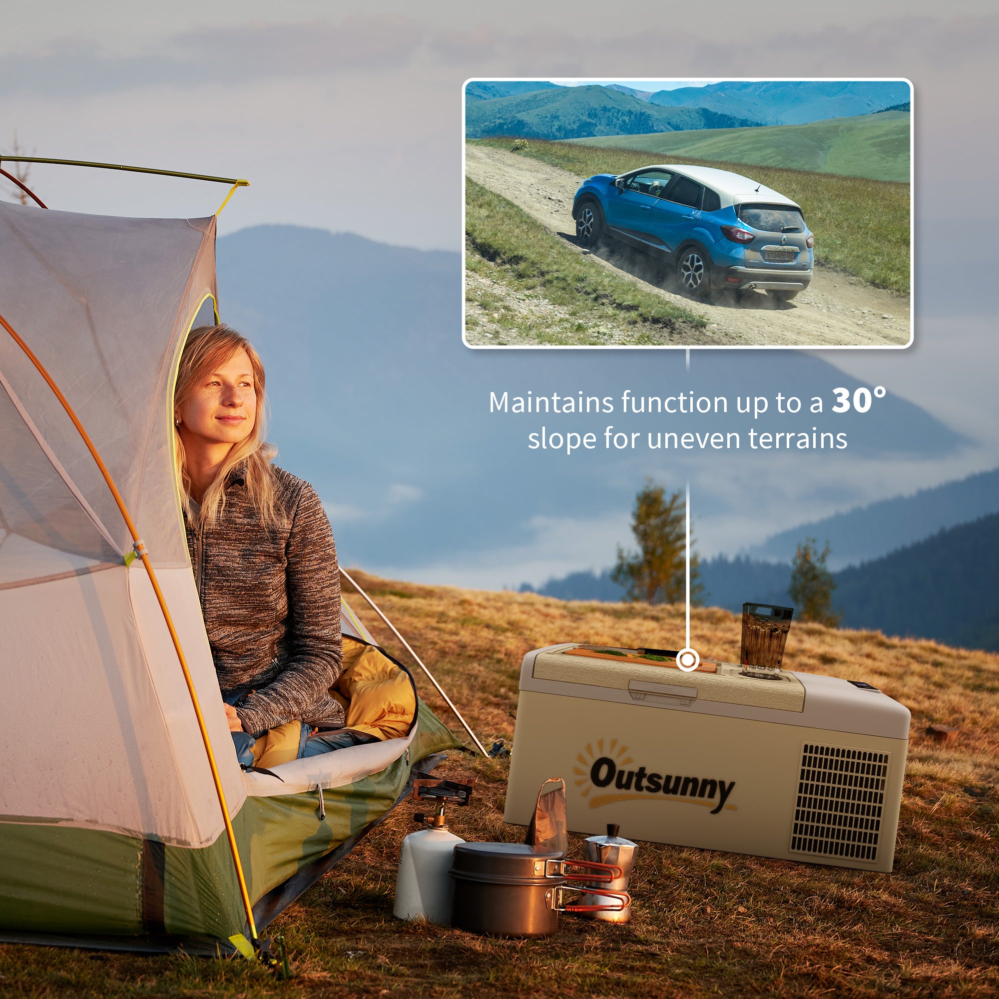 Outsunny 16L Portable Car Fridge, -20℃ to 10℃ Adjustable Temperature - Khaki/Grey - North Peak Garden Furniture
