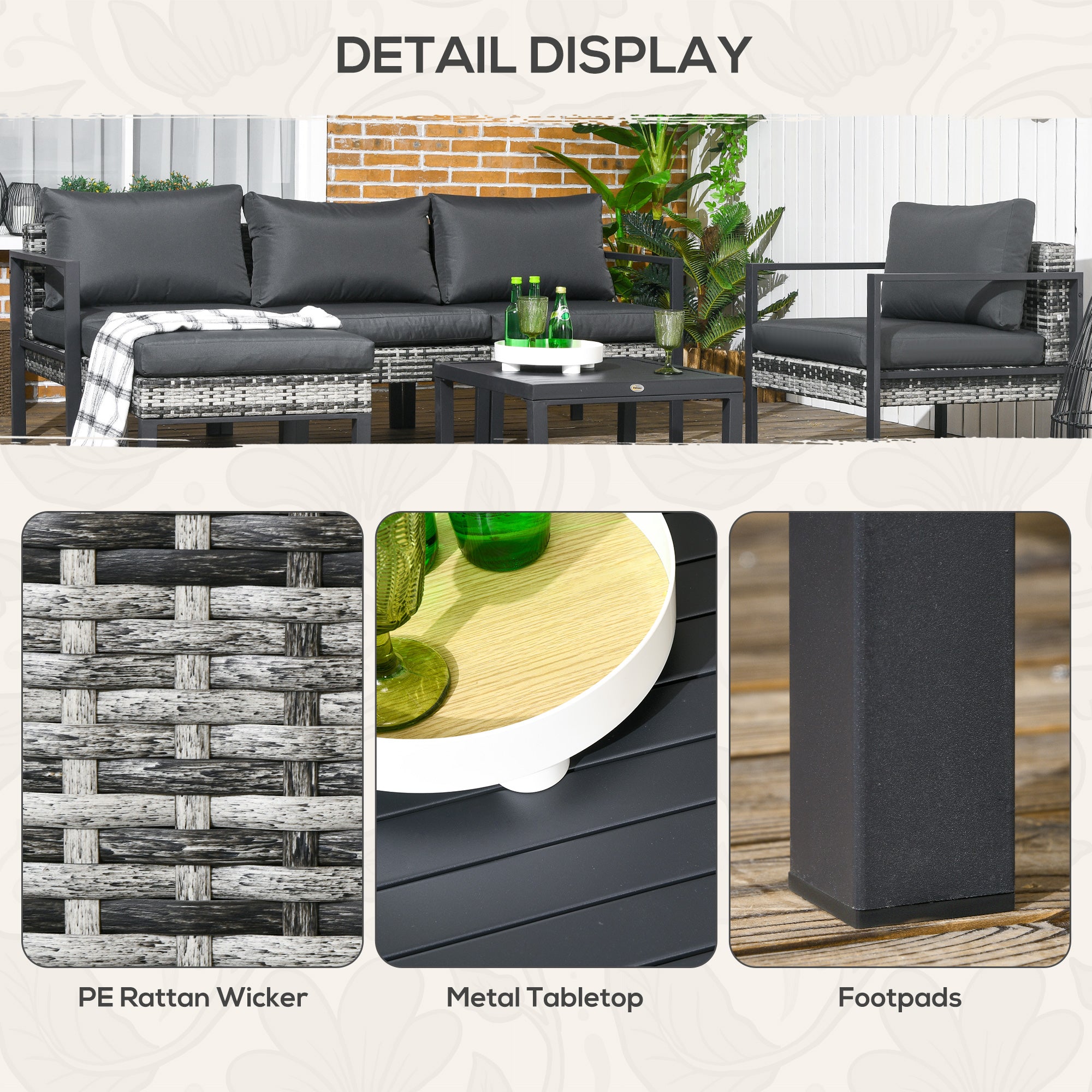 Outsunny Six-Piece Rattan Garden Sofa Set - Dark Grey - North Peak Garden Furniture