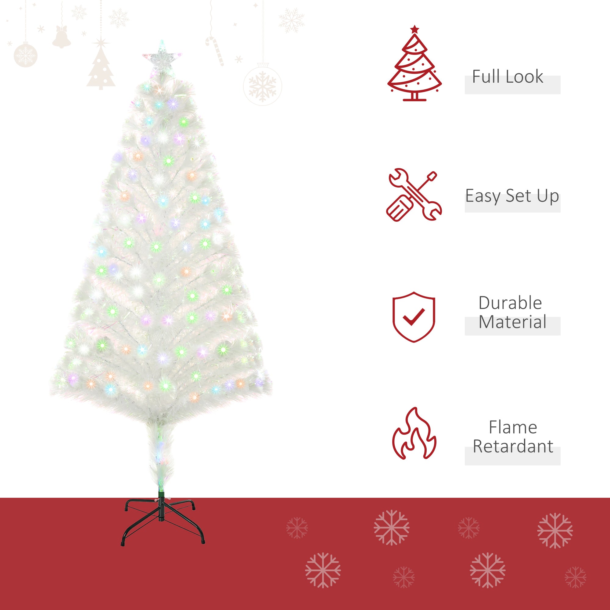 HOMCOM 5 Feet Prelit Artificial Christmas Tree with Fiber Optic LED Light, Holiday Home Xmas Decoration, White - North Peak Garden Furniture
