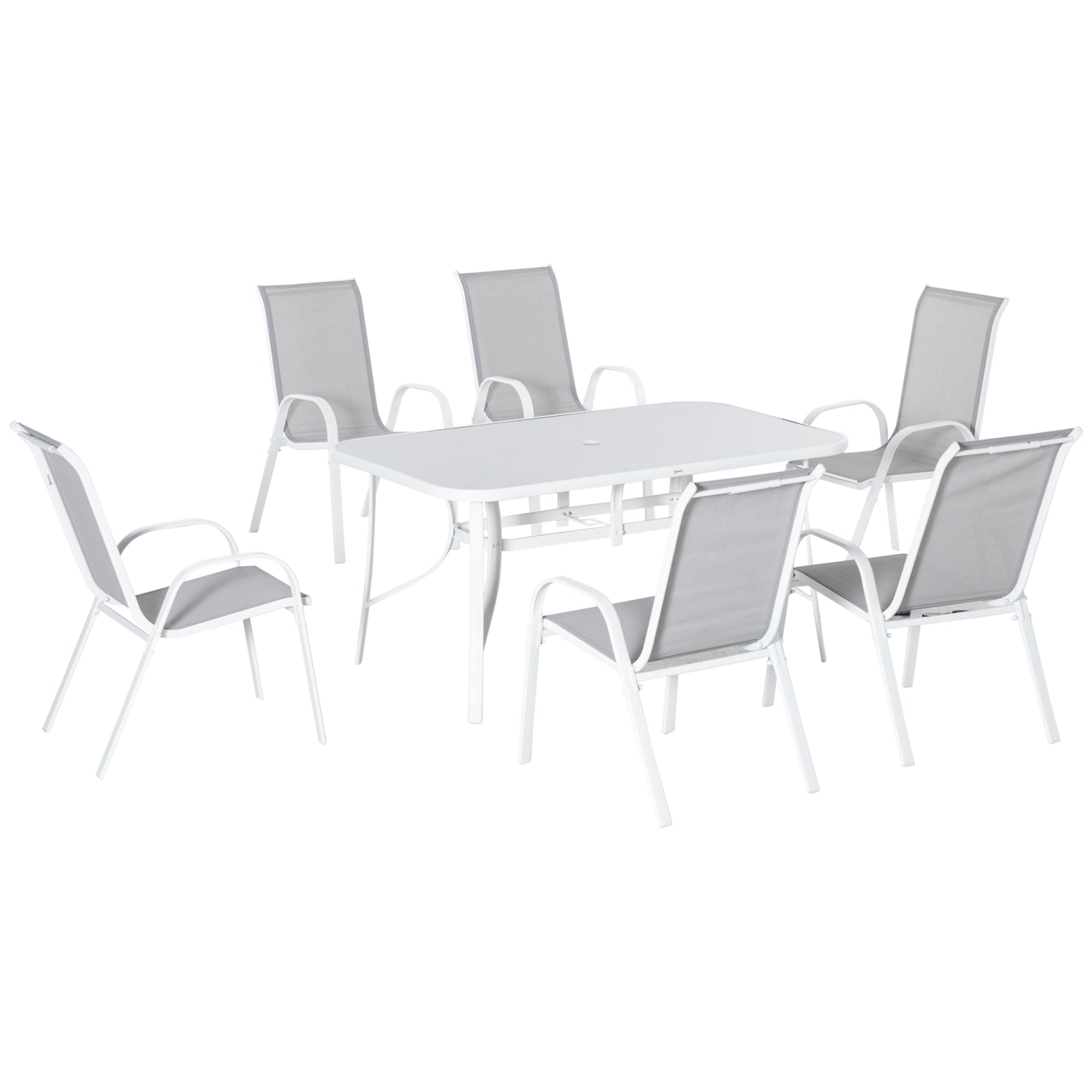 Outsunny 7 Piece Garden Dining Set with Dining Table and Chairs, 6 Seater Outdoor Patio Furniture with Parasol Hole for Backyard, Deck and Balcony, Grey - North Peak Garden Furniture