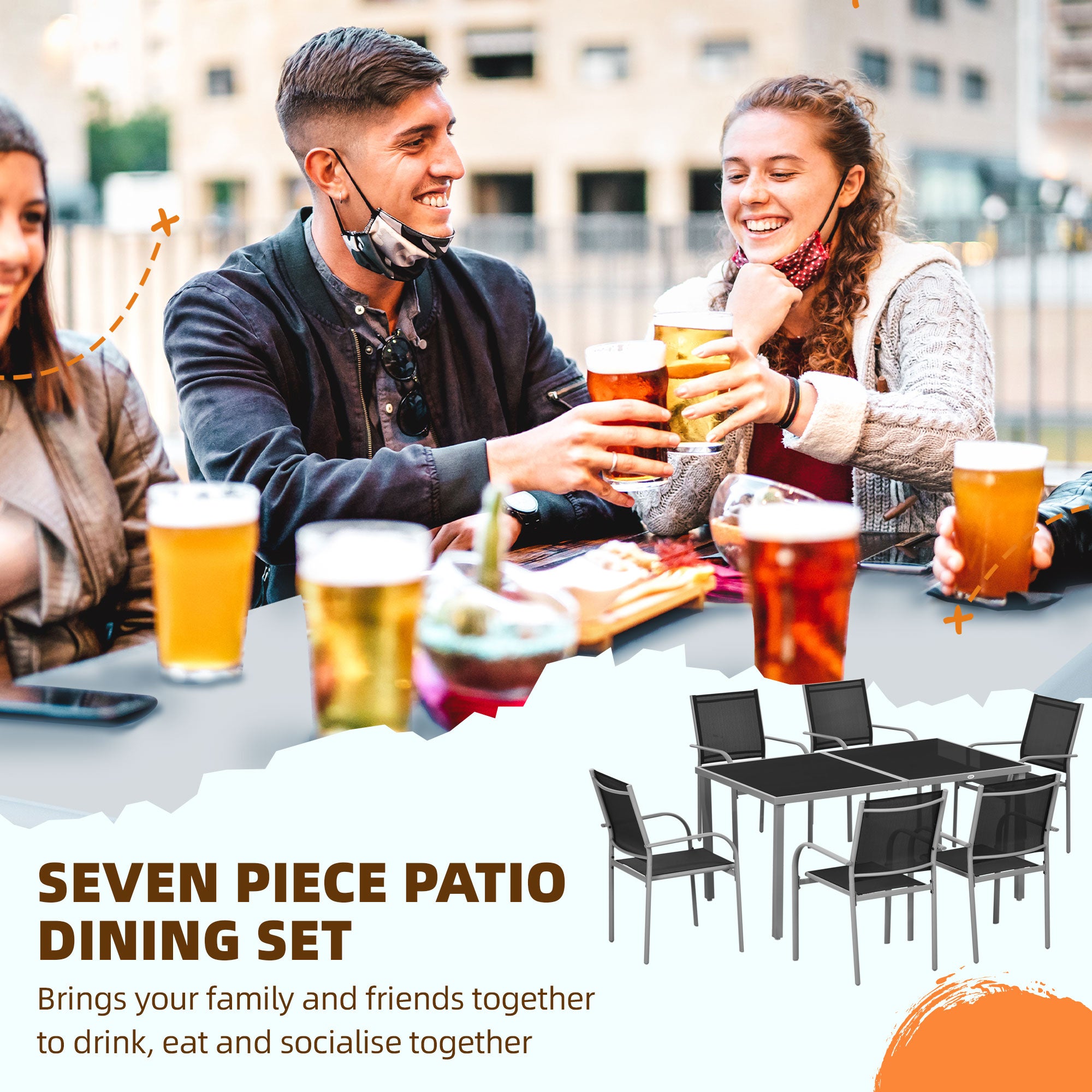 Outsunny 7 Piece Outdoor Garden Dining Set with Table and 6 Stackable Chairs, Steel Frame, Tempered Glass Top, Mesh Seats, Black - North Peak Garden Furniture