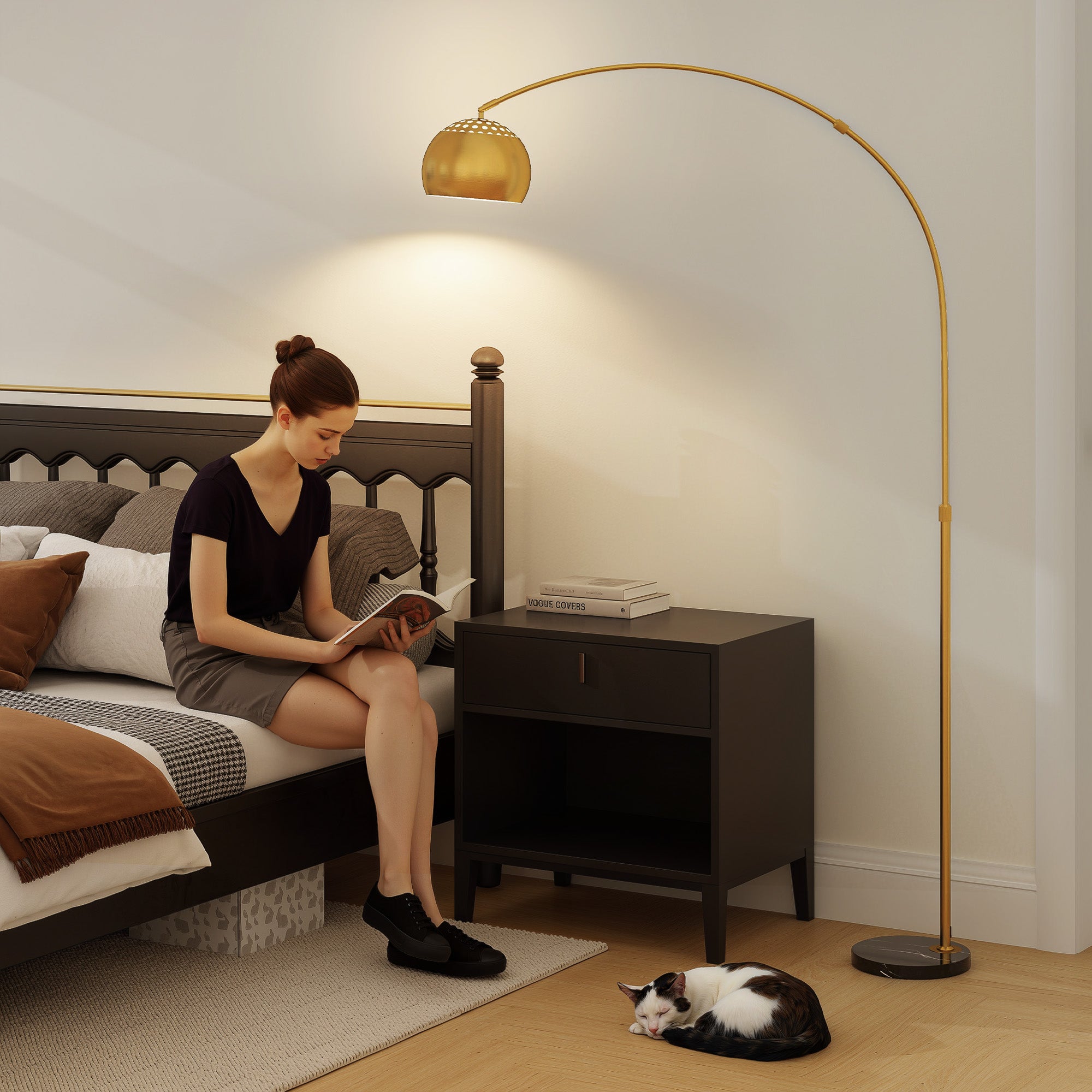 HOMCOM 180cm Arc Floor Lamp for Living Room, Modern Adjustable Standing Lamp with Foot Switch, Faux Black Marble Base and Bell Shade for Home Offices, Bedrooms, Gold Tone - North Peak Garden Furniture