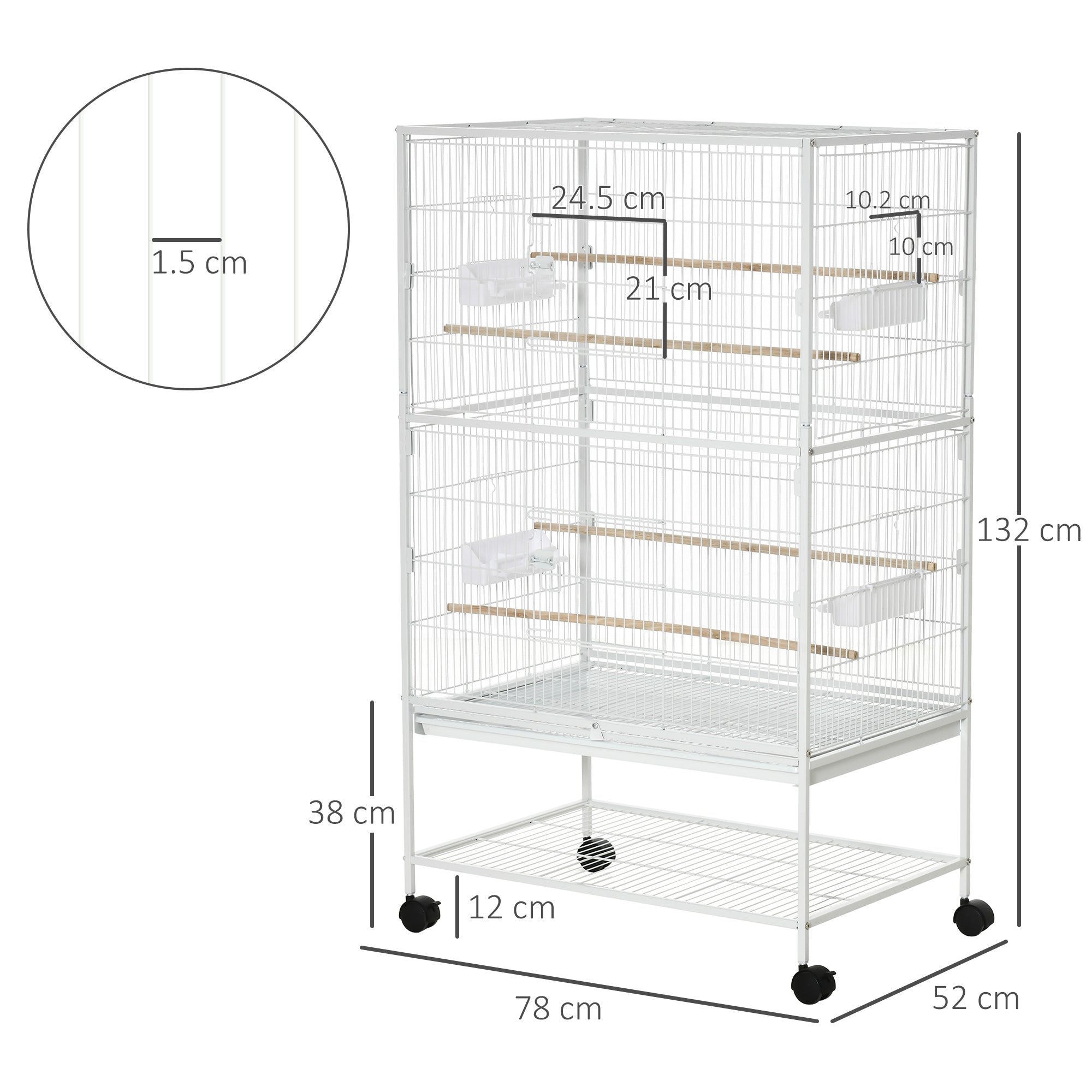 PawHut Large Bird Cage Budgie Cage for Finch Canaries Parakeet with Rolling Stand, Slide-out Tray, Storage Shelf, Food Containers, White - North Peak Garden Furniture