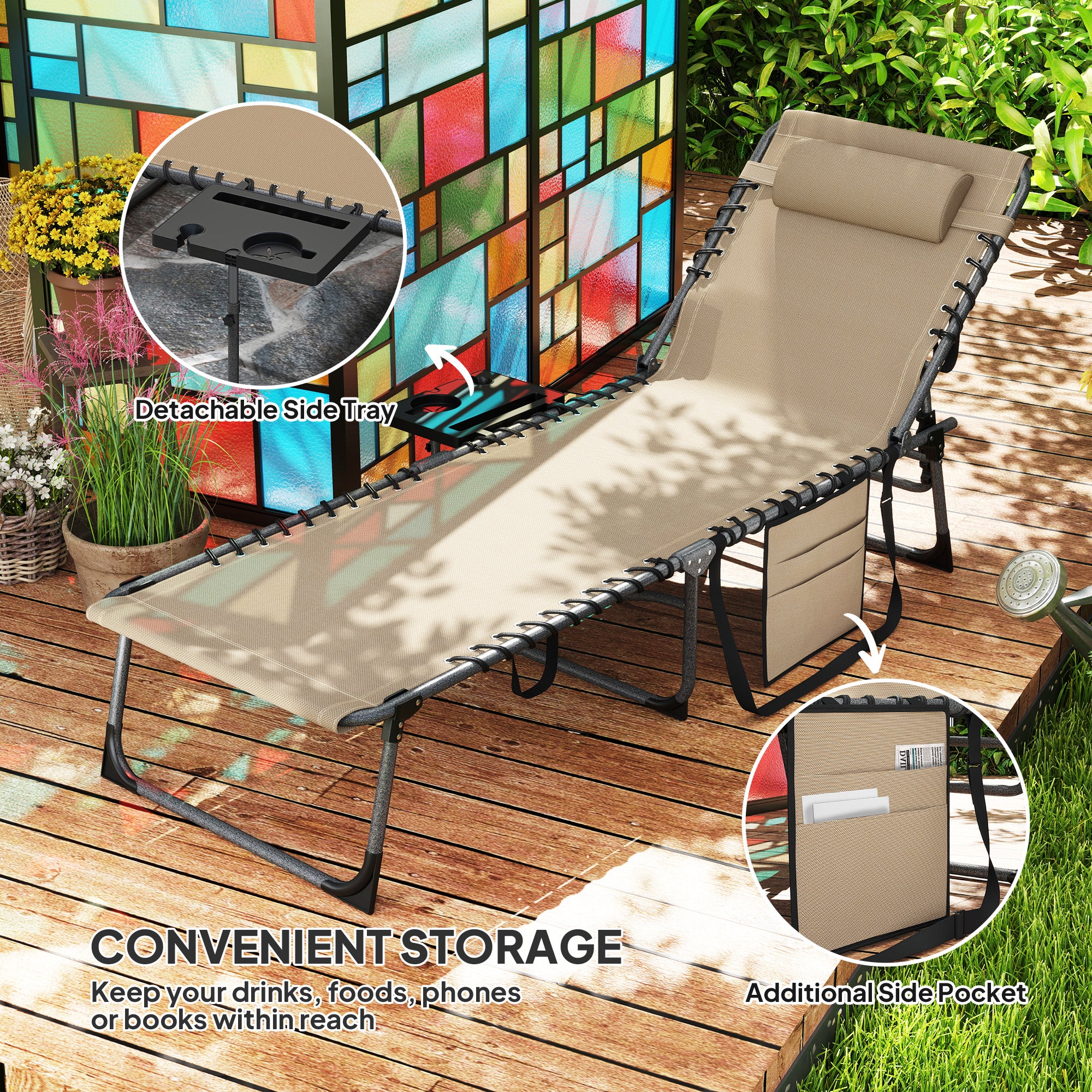 Outsunny Five-Position Reclining Sun Lounger - Beige - North Peak Garden Furniture