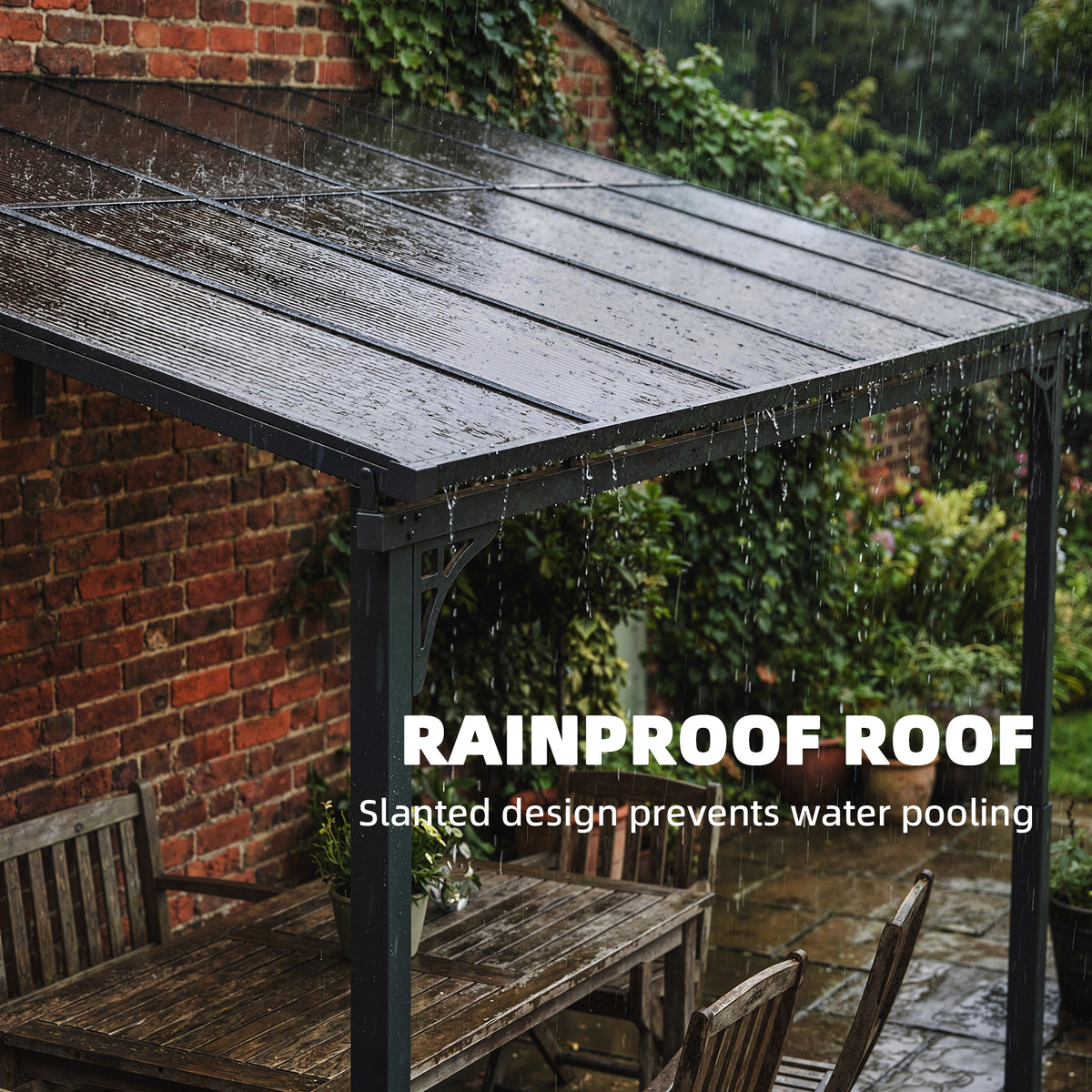 Outsunny 3.4 x 3 m Metal Lean-to Pergola, Wall-Mounted Garden Pergola with Polycarbonate Roof and Metal-Aluminium Frame, Brown