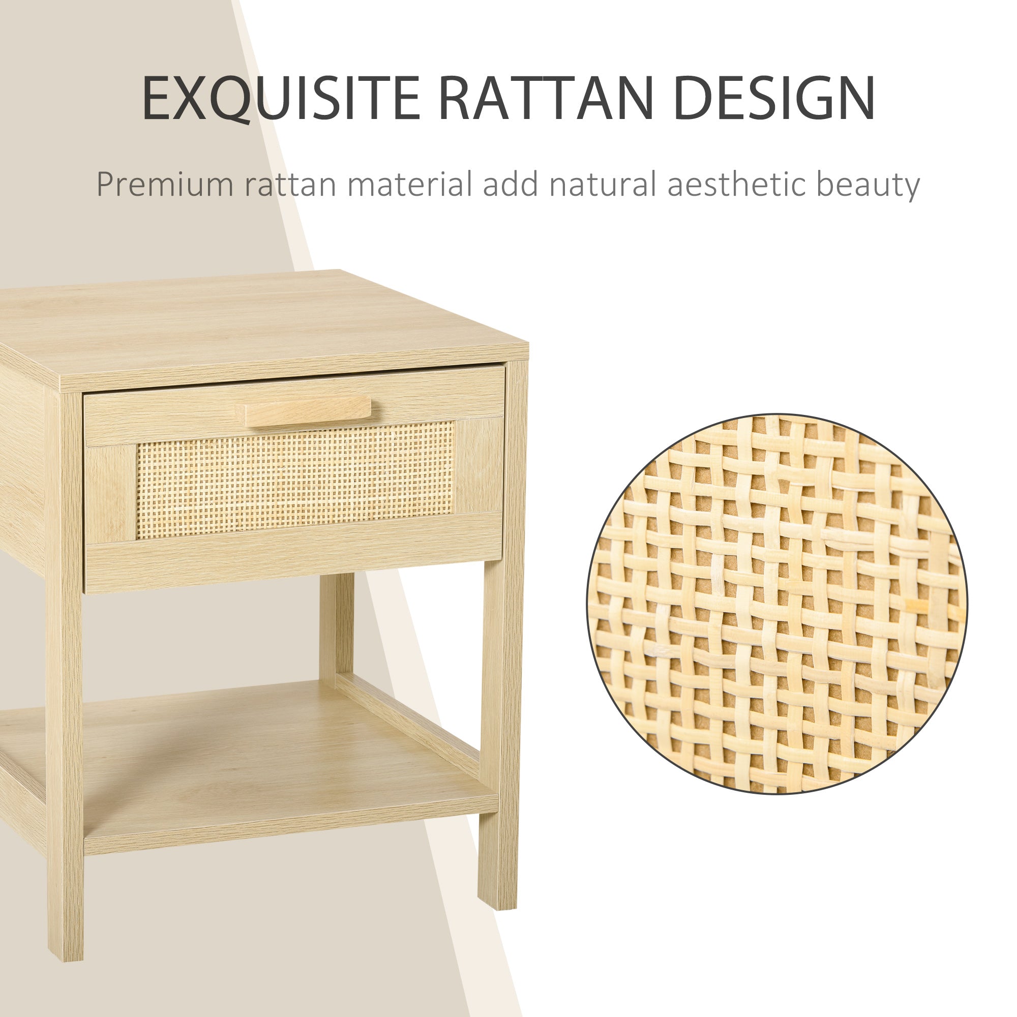 HOMCOM Nightstand with Rattan Drawer and Storage Shelf, Bedside End Table for Bedroom, Living Room - North Peak Garden Furniture
