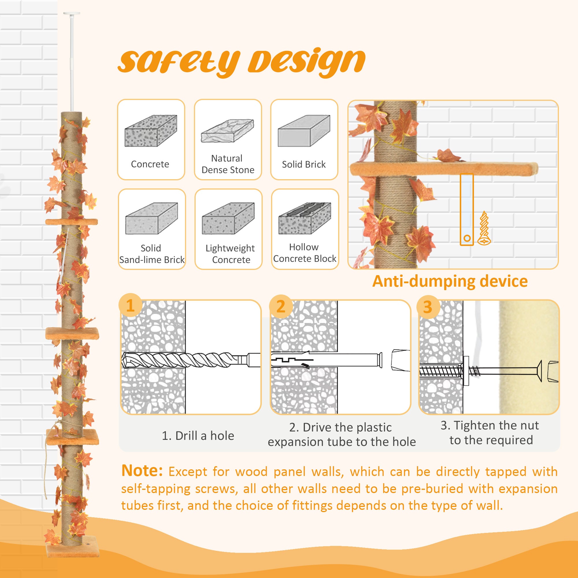 PawHut 242cm Adjustable Floor-To-Ceiling Cat Tree, with Artificial Decoration, Perches, Anti-Slip Kit - Orange