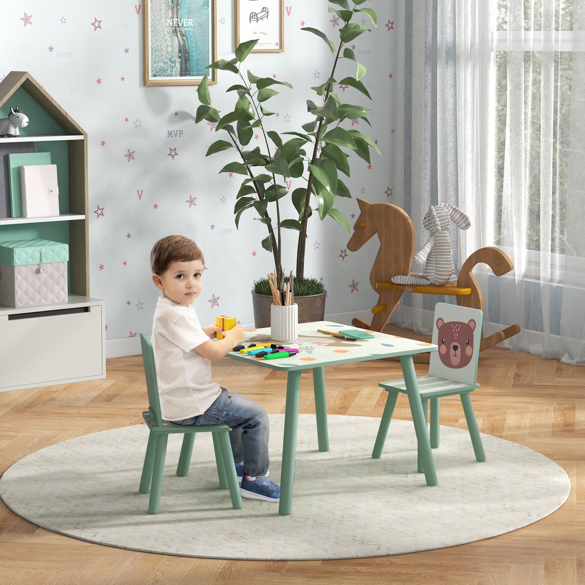 ZONEKIZ Kids and Table Chairs, Children Desk with Two Chairs, Toddler Furniture Set, for Ages 3-6 Years - Green - North Peak Garden Furniture