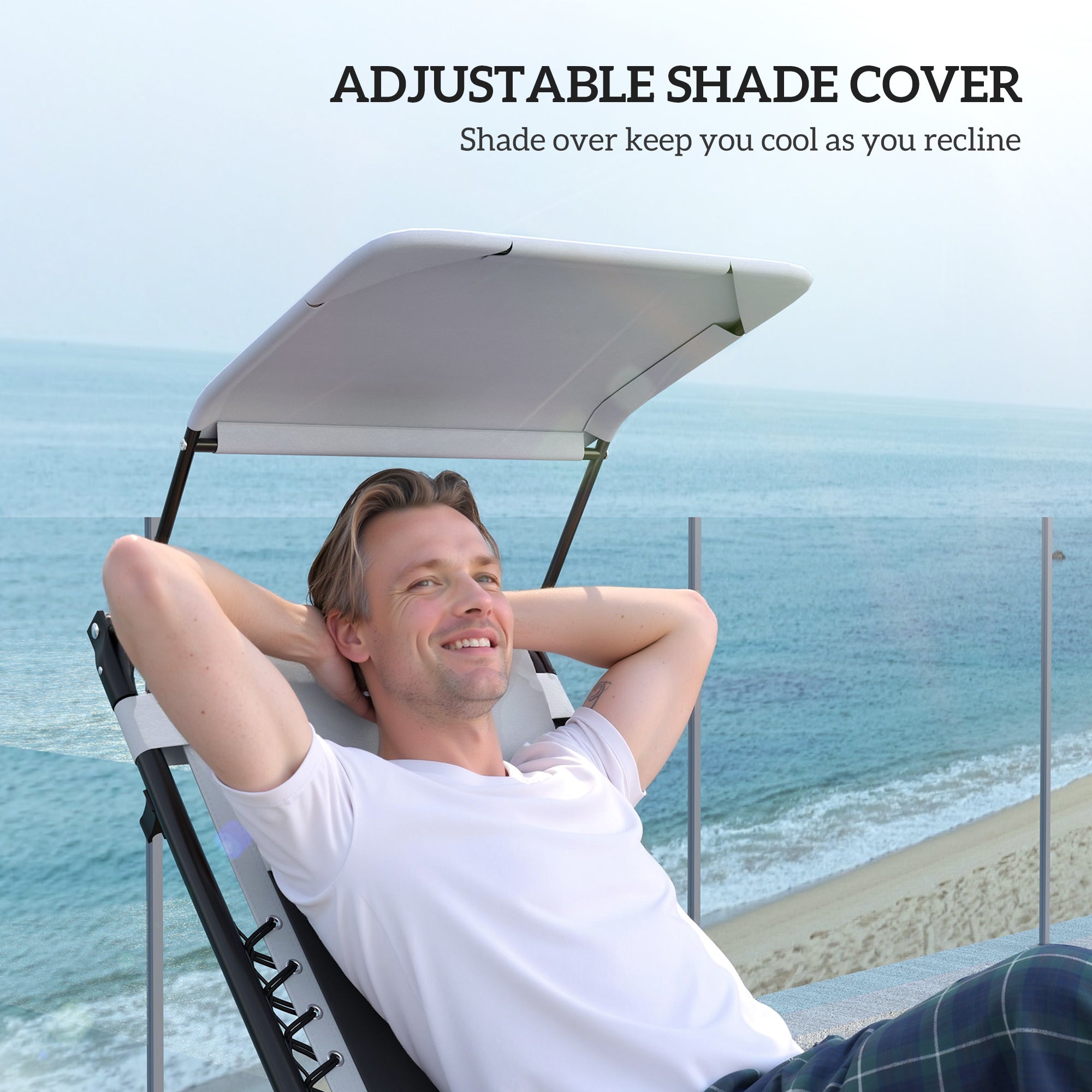Outsunny Zero Gravity Lounger Chair Set of 2, Folding Reclining Patio Chair with Shade Cover, Padded Seat, Cup Holder, Soft Cushion and Headrest for Poolside, Camping, Light Grey - North Peak Garden Furniture