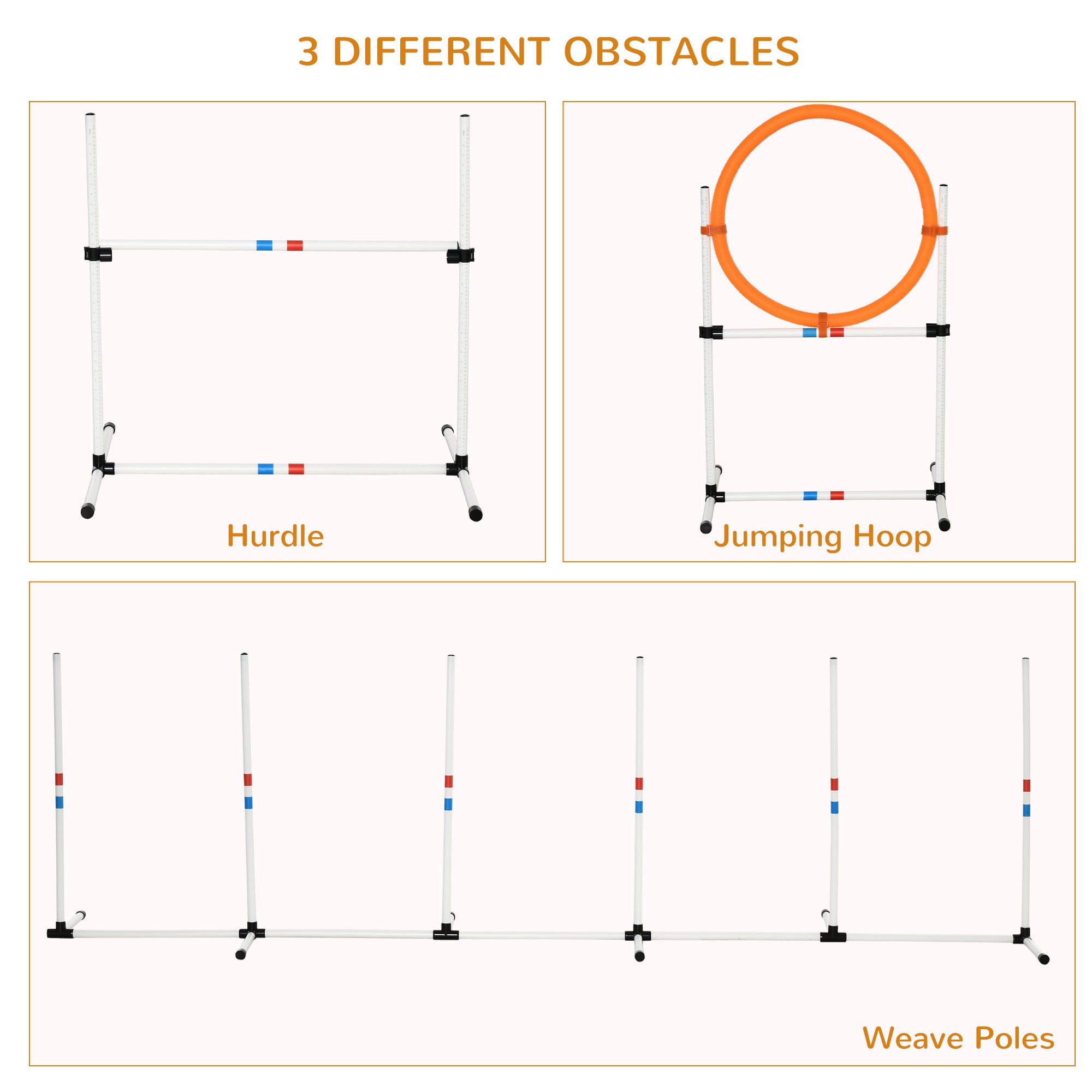 PawHut 3 Piece Pet Agility Training Equipment Dog Play Run Jump Obedience Training Set Adjustable (Pole + Hoop + Hurdle) - North Peak Garden Furniture