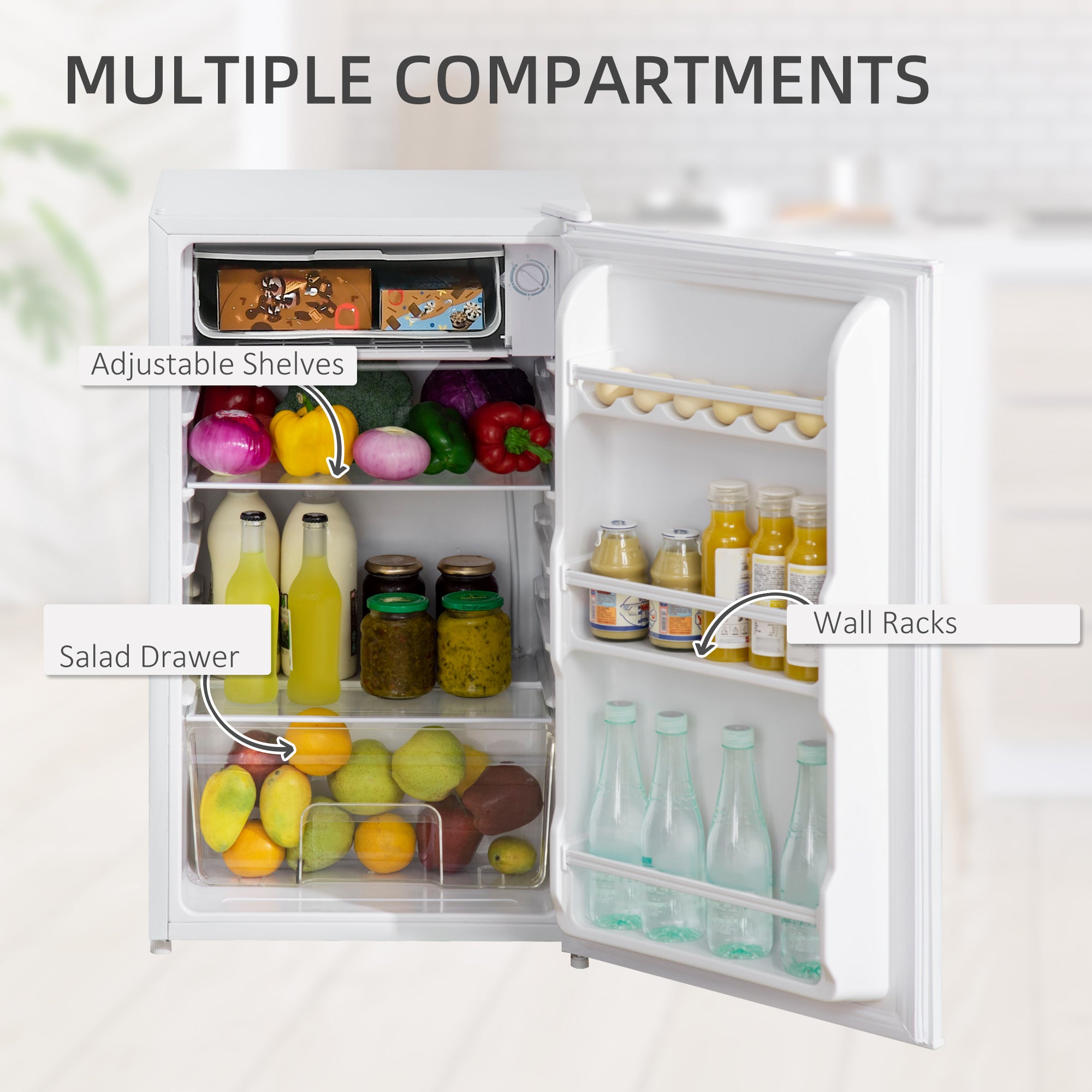 HOMCOM 91 Litre Freestanding Under Counter Fridge Freezer with Chiller Box, Reversible Door, Adjustable Thermostat, 47.5cm Wide, Noise Level: Decibels 40, White - North Peak Garden Furniture