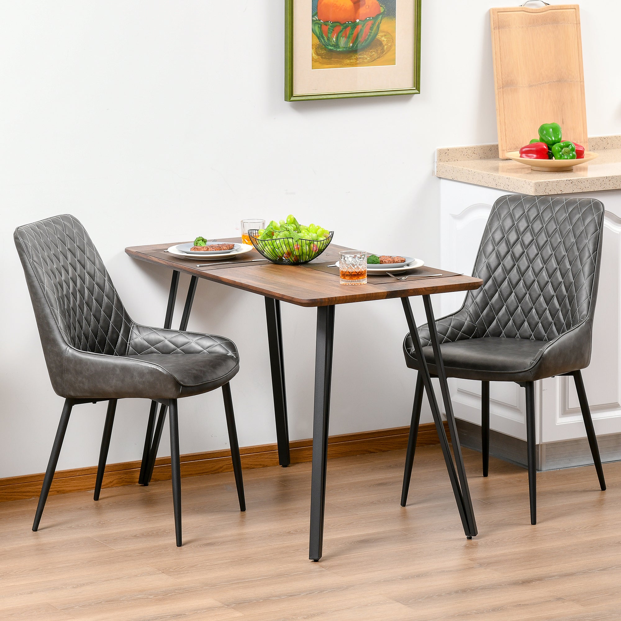 HOMCOM Retro Dining Chair Set of 2, PU Leather Upholstered Side Chairs for Kitchen Living Room with Metal Legs, Grey - North Peak Garden Furniture