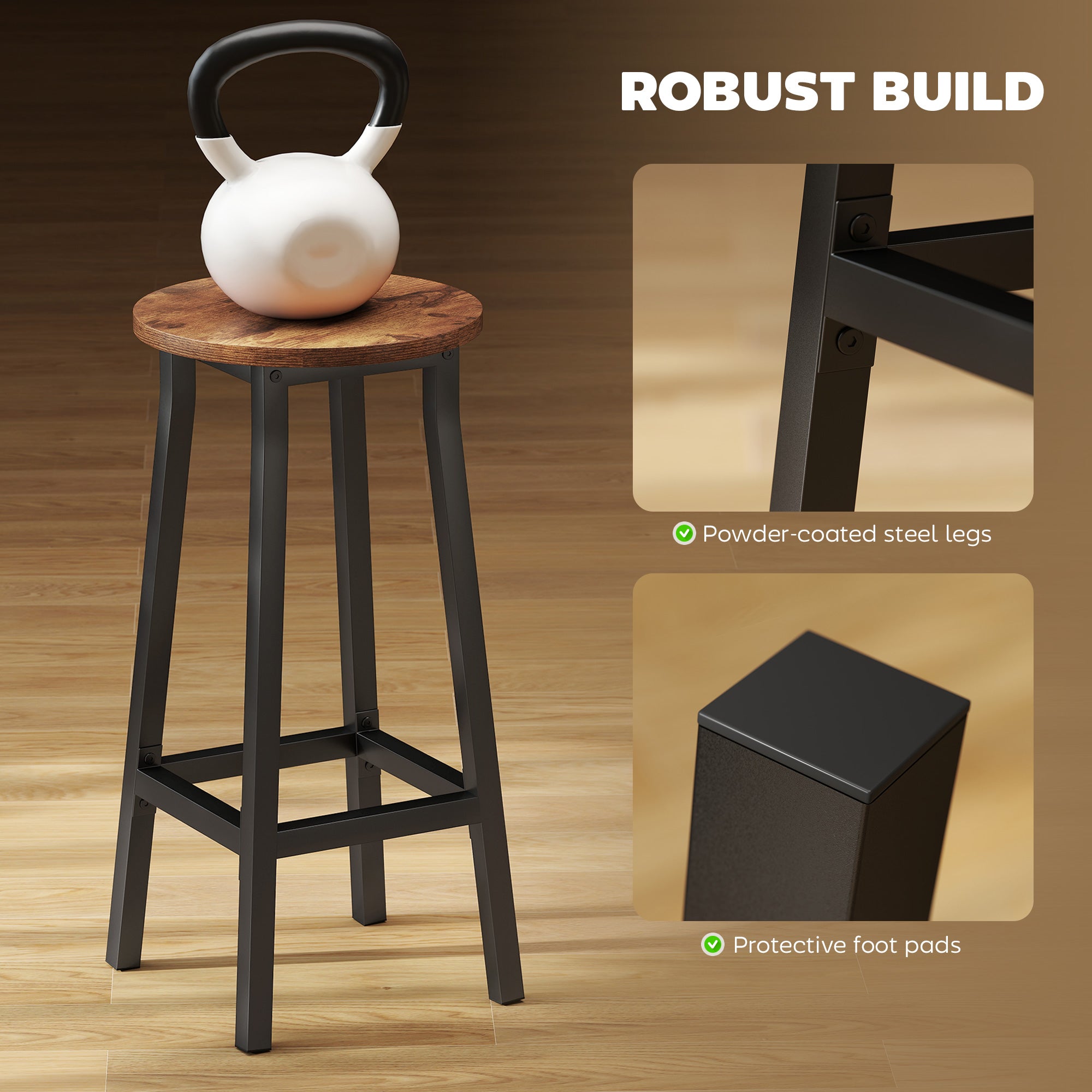 HOMCOM Bar Stools Set of 2 Breakfast Bar Stools with Footrest, Industrial Round, 32 x 32 x 65 cm, Rustic Brown