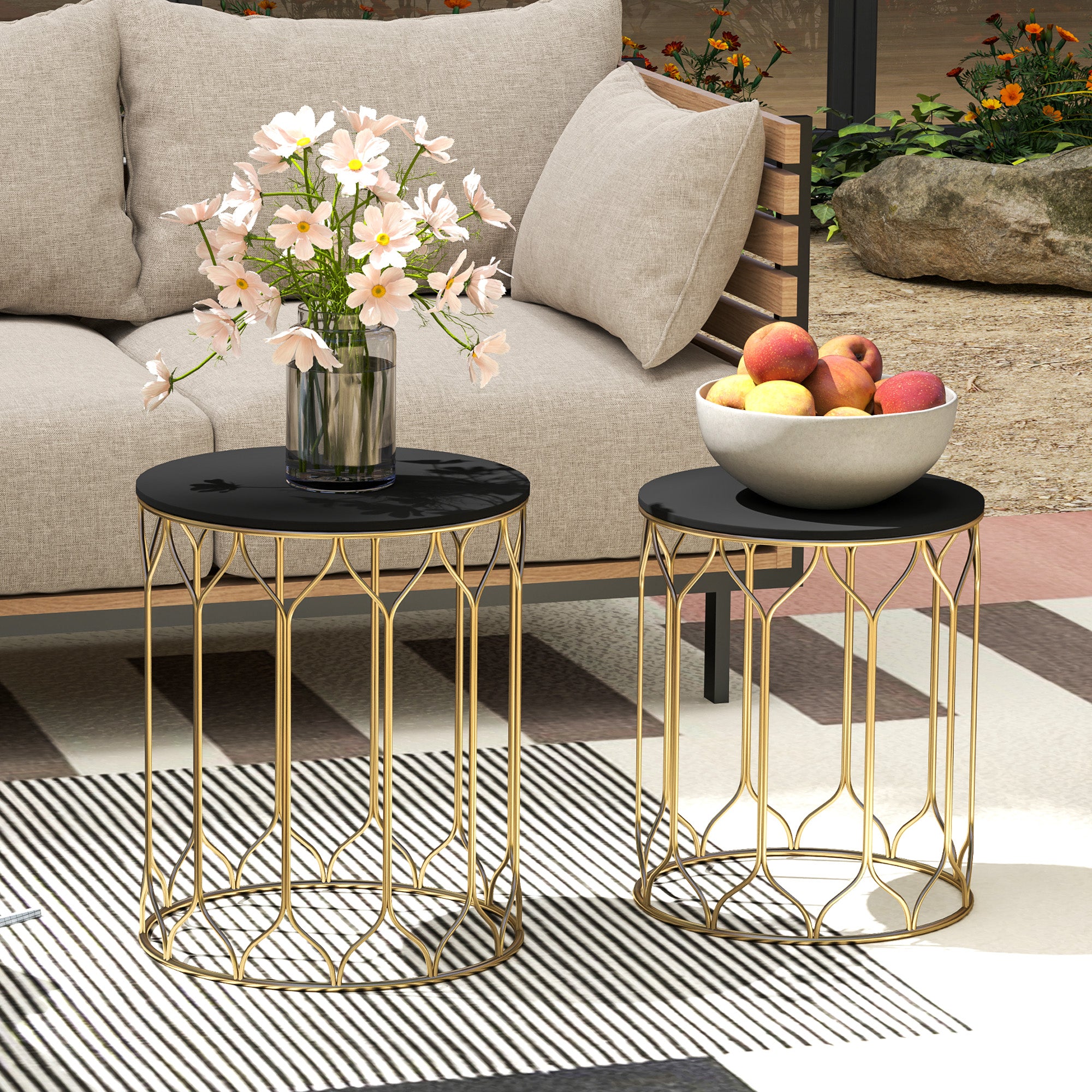 Outsunny Garden Side Table Set of 2, Nesting Tables with Ceramic Tile Top, Indoor Outdoor Small Garden Tables, Multifunctional End Tables with Metal Frame for Patio, Balcony, Porch, Black - North Peak Garden Furniture