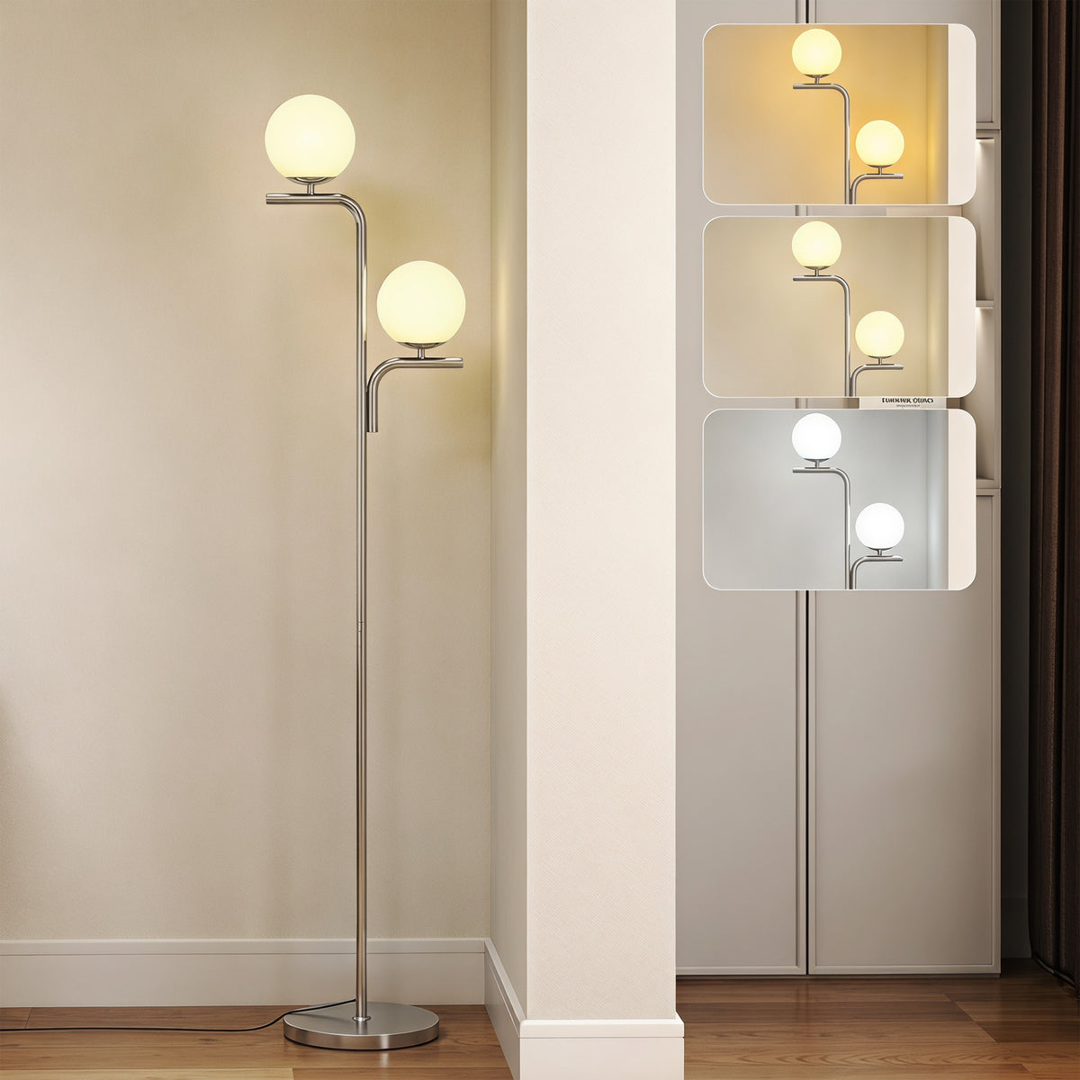 HOMCOM LED Floor Lamp, Modern Standing Lamp with 3 Colour Temperatures, Globe Glass Shades and Foot Switch, Silver Tone