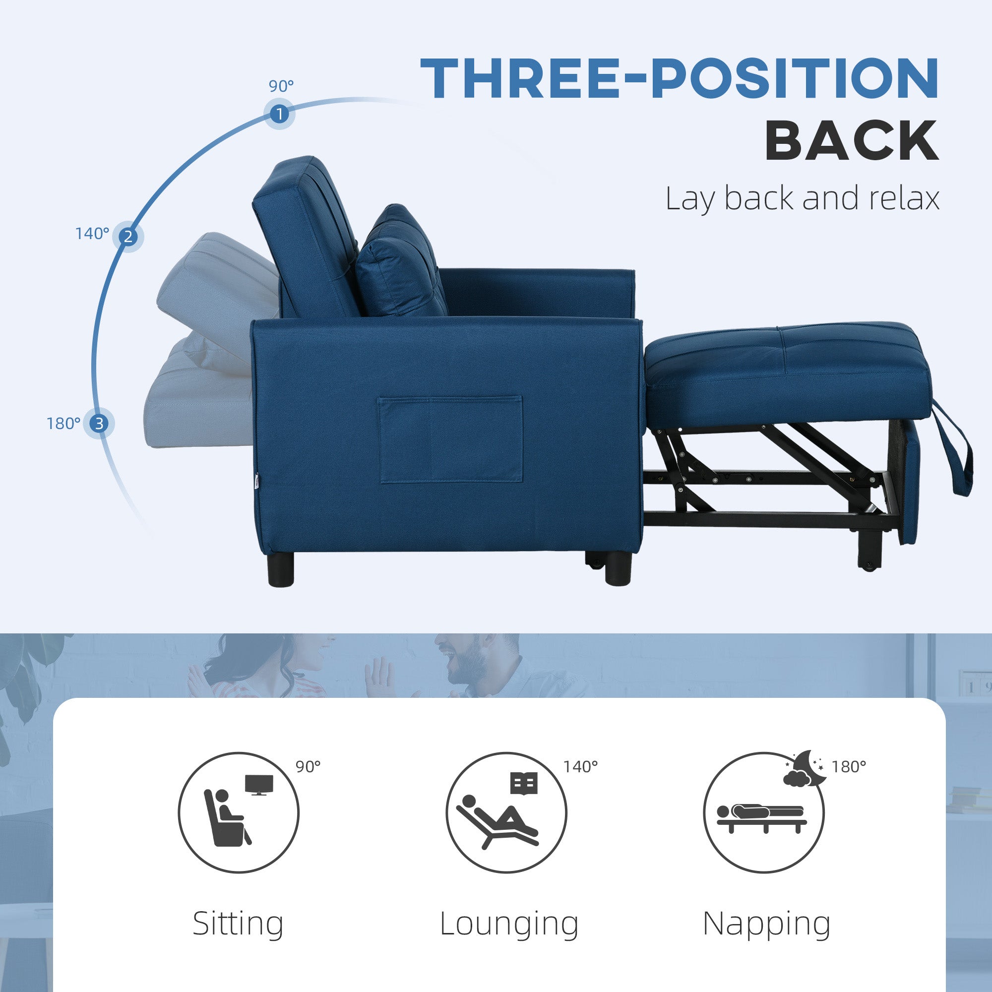HOMCOM 3-In-1 Convertible Chair Bed, Pull Out Sleeper Chair with Adjustable Backrest, Side Pockets, Blue - North Peak Garden Furniture