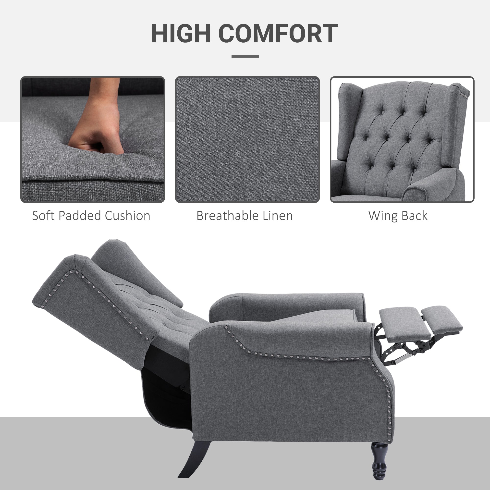 HOMCOM Recliner Armchair, Vintage Reclining Chair with Nail Head Trim, Wingback Chair with Button Tufted Back and Footrest, for Living Room, Light Grey - North Peak Garden Furniture