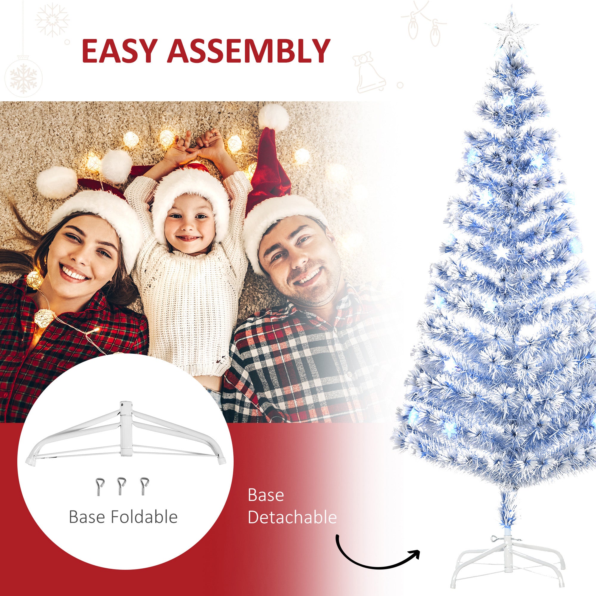 HOMCOM 6FT Artificial Fibre Optic Christmas Tree Seasonal Decoration w/ LED Lights Pre-Lit Easy Store White Blue - North Peak Garden Furniture