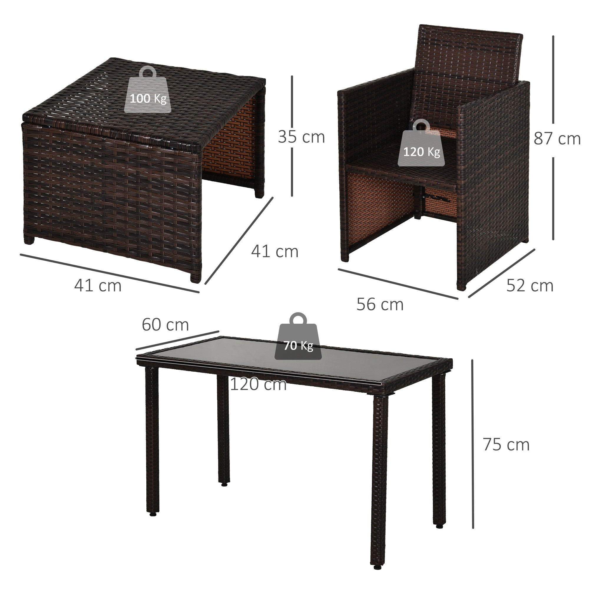 Outsunny 2 Seater Rattan Cube Garden Furniture Set, Rattan Dining Set with Cushions, Outdoor Dining Table and Chairs with 2 Armchairs, 2 Stools, Rectangular Glass Top Table for Patio, Balcony, Brown - North Peak Garden Furniture