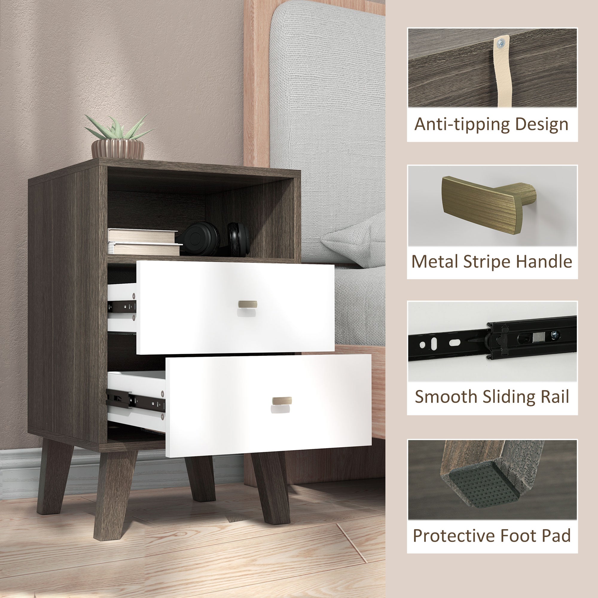 HOMCOM Industrial-Scandinavian Mix Bedside Table, with Drawers and Shelf - North Peak Garden Furniture
