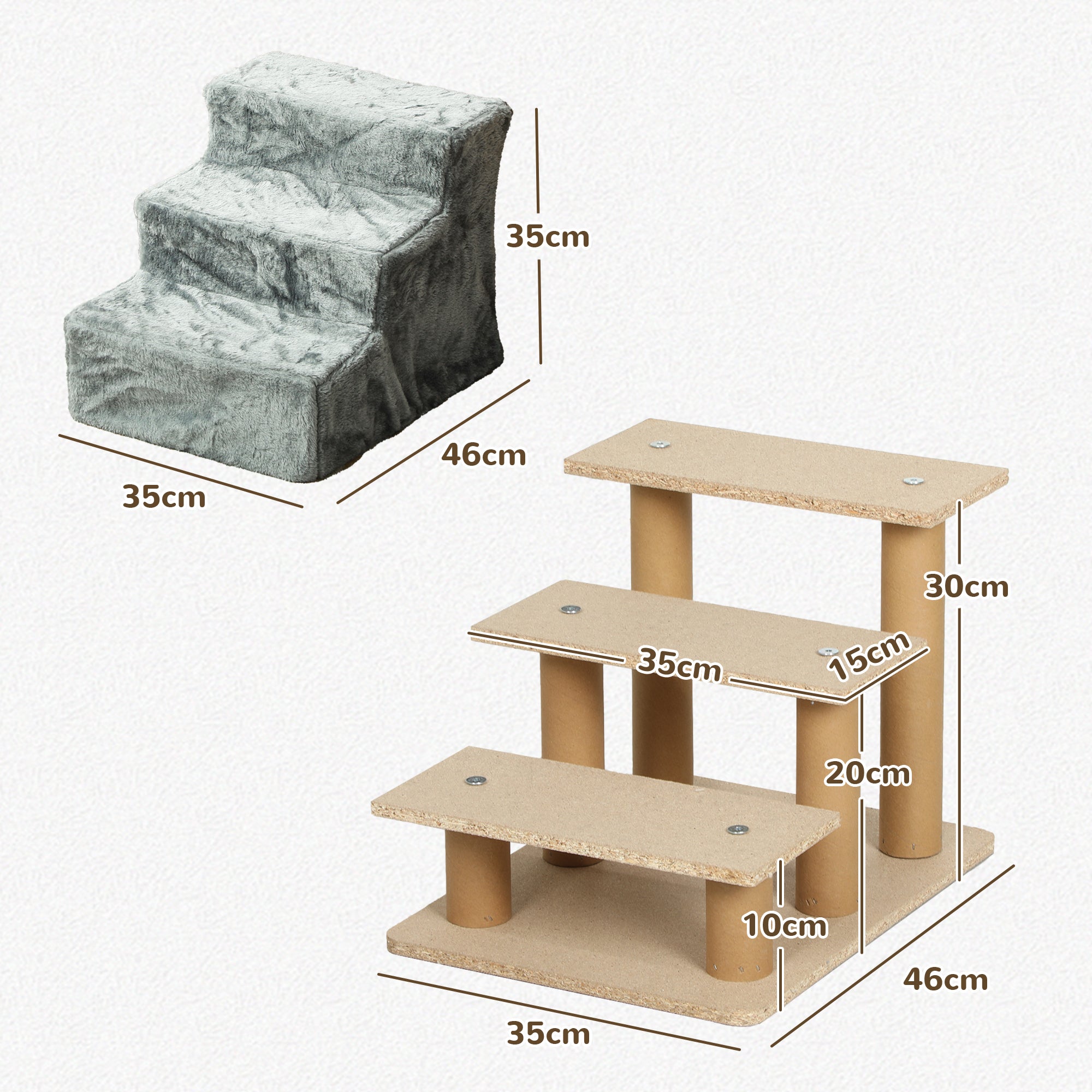 PawHut Three-Step Dog Stairs, with Washable Plush Cover, for High Bed Sofa, Dog Stairs for Small Dog and Cat - Light Grey - North Peak Garden Furniture