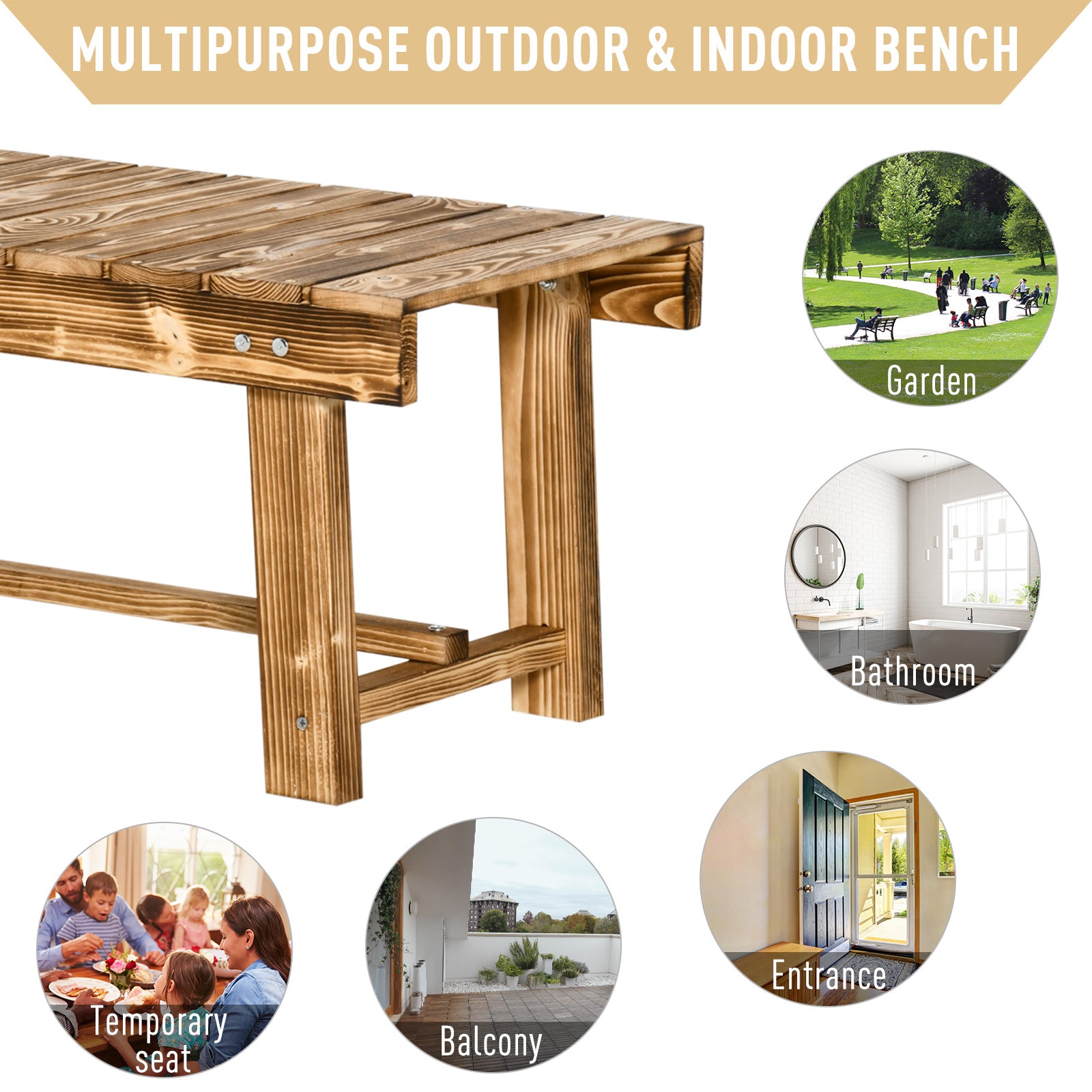 Outsunny 5 Pieces 2-seater Outdoor Indoor Wooden Garden Bench Fir Patio Loveseat, 110L x 38W x 35Hcm, Carbonised - North Peak Garden Furniture