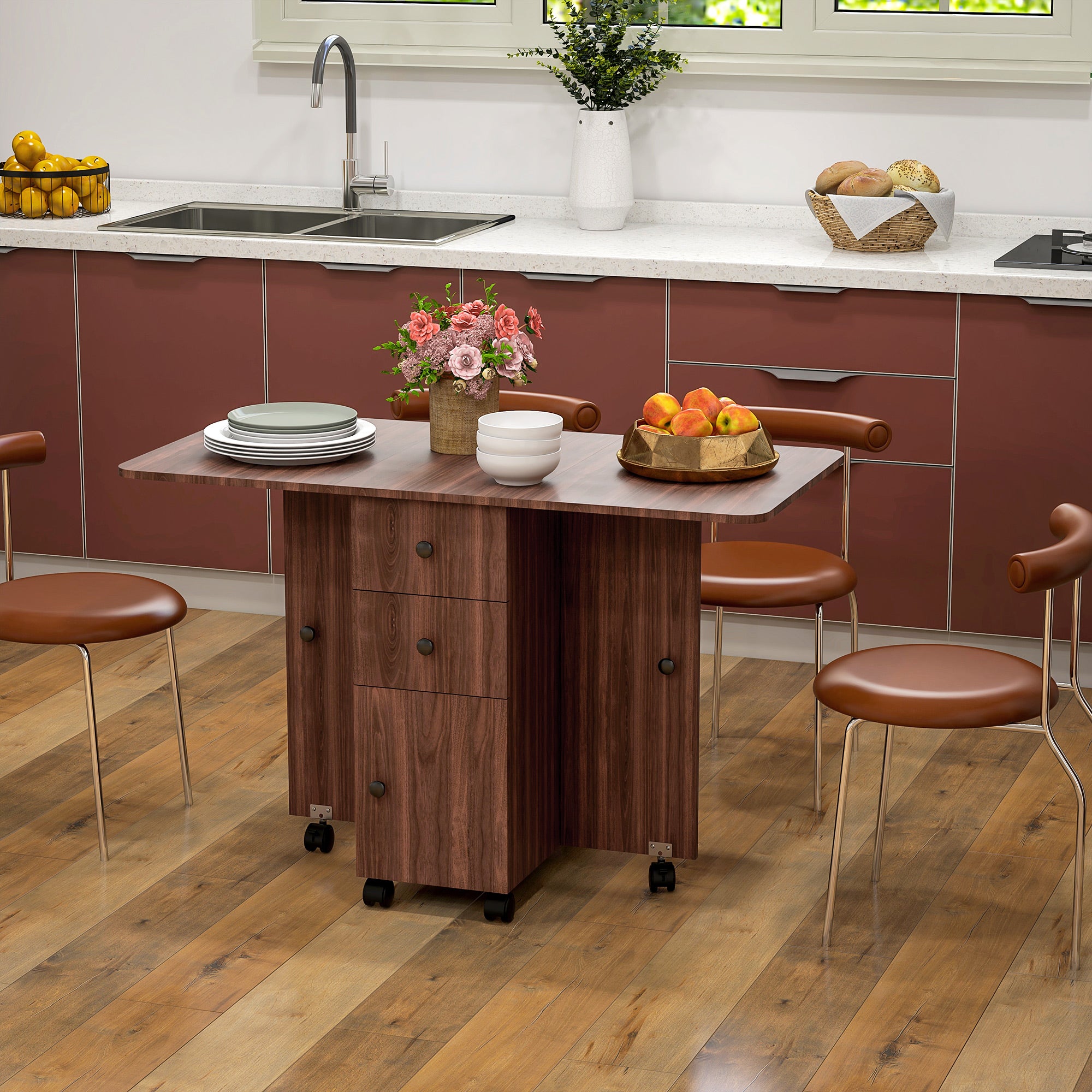 HOMCOM Multi-Storage Six-Person Drop Leaf Dining Table - Distressed Brown - North Peak Garden Furniture