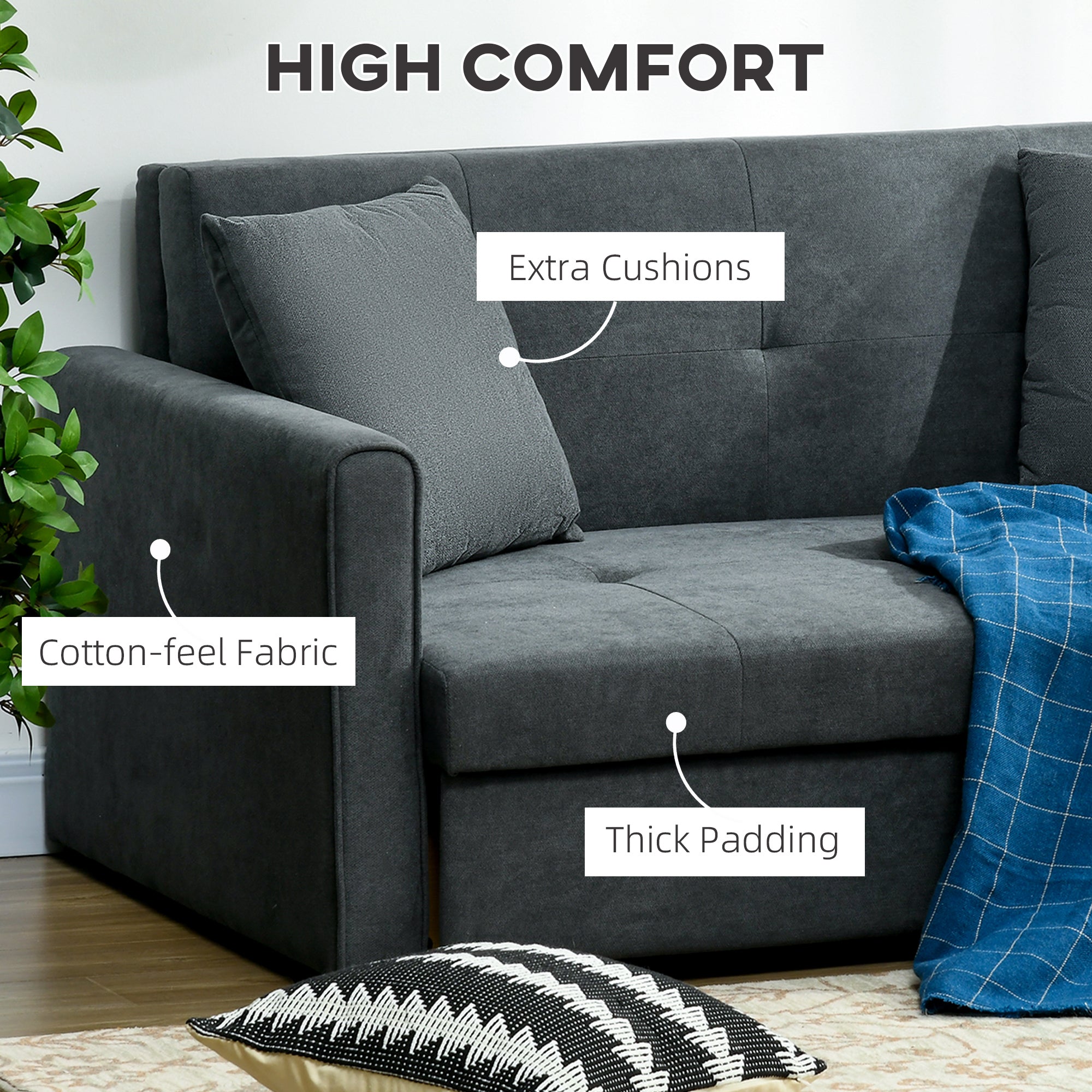 HOMCOM 2 Seater Sofa Bed, Convertible Bed Settee, Modern Fabric Loveseat Sofa Couch with 2 Cushions, Hidden Storage for Living Room, Guest Room, Dark Grey