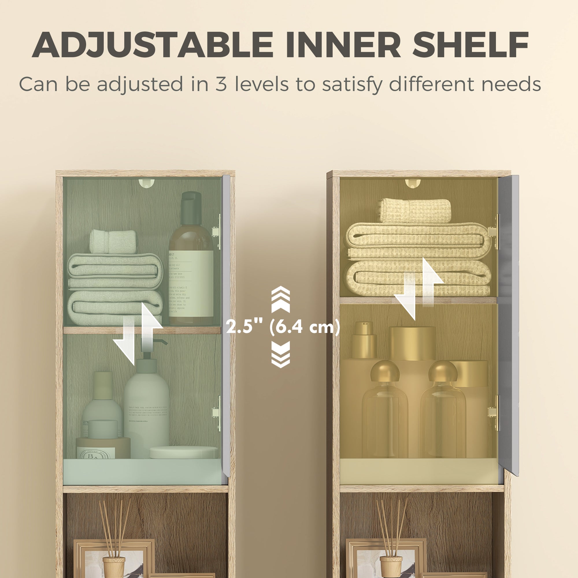 HOMCOM Freestanding Bathroom Storage Cabinet w/ 2 Cupboards 2 Compartments Home Organisation Anti-Tipping Elevated Base 30L x 24W x 170H cm Grey&Brown