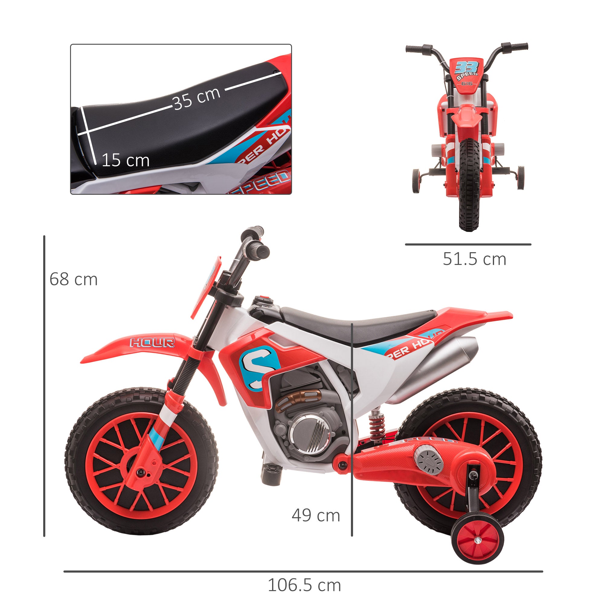 HOMCOM 12V Kids Electric Motorcycle Ride-On, with Training Wheels, for Ages 3-6 Years - Red - North Peak Garden Furniture