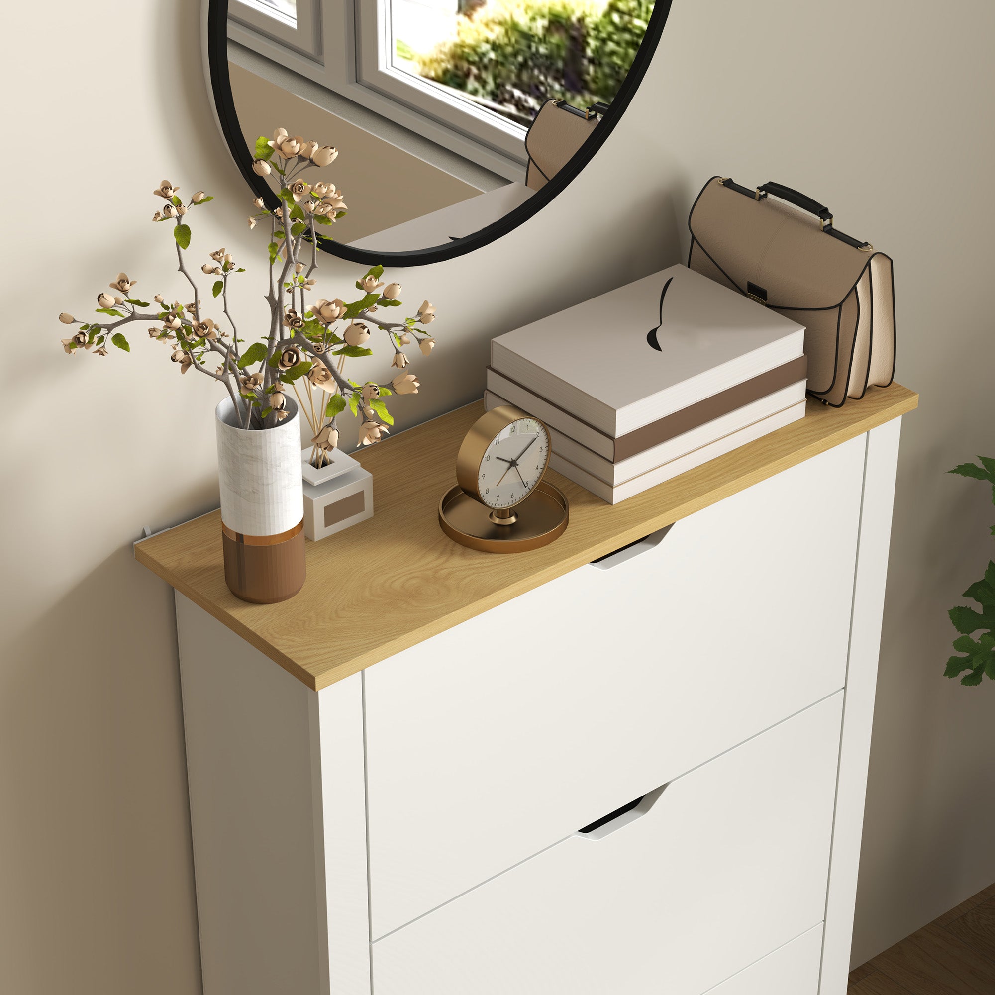 HOMCOM Slim Shoe Cabinet, Narrow Shoe Cupboard with 3 Flip Drawers, Adjustable Shelves for 18 Pairs of Shoes, High Gloss White - North Peak Garden Furniture