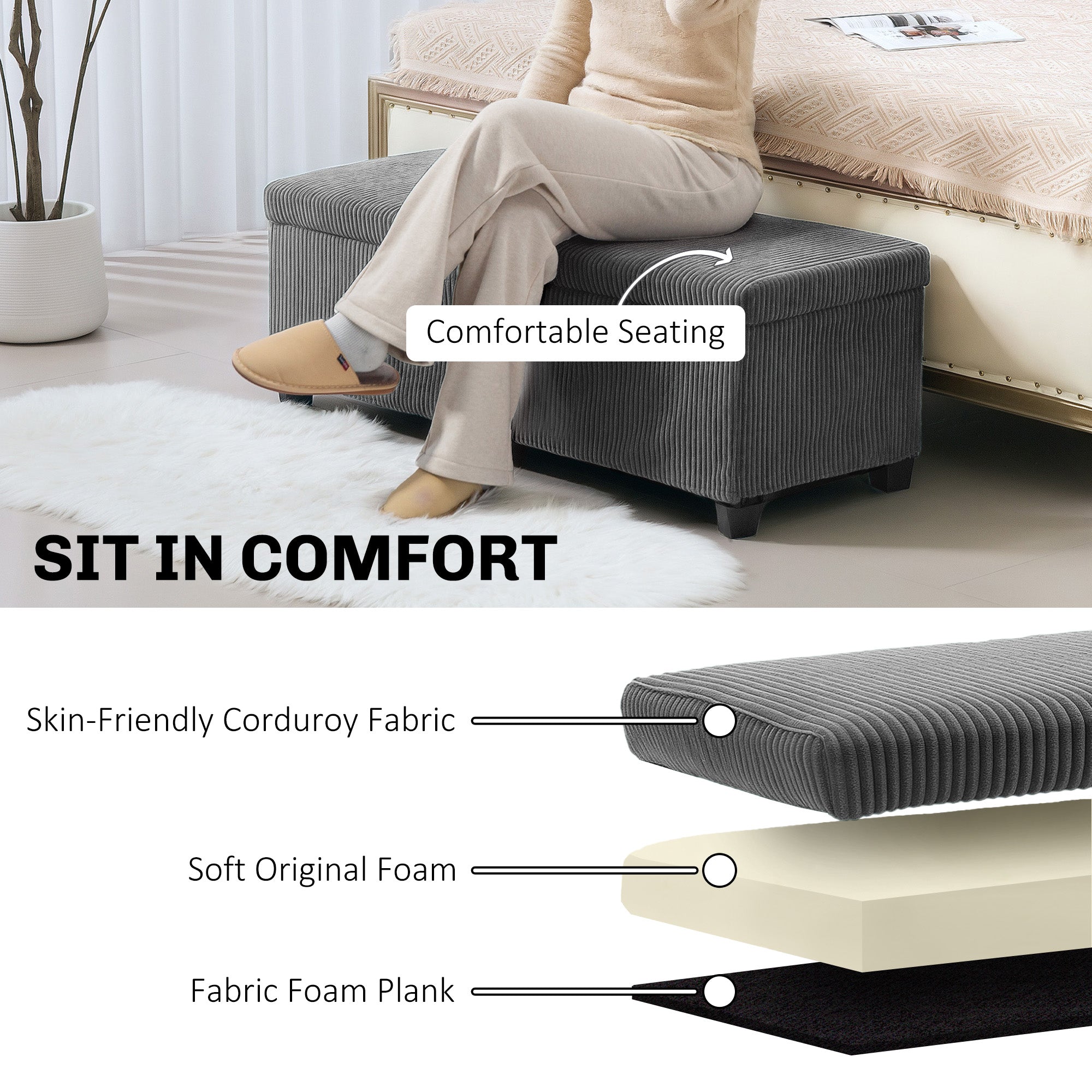 HOMCOM Storage Ottoman Bench, Corduroy Footstool with Removable Lid and Legs, 112cm Storage Chest Box for Living Room, Bedroom, Hallway, Grey - North Peak Garden Furniture