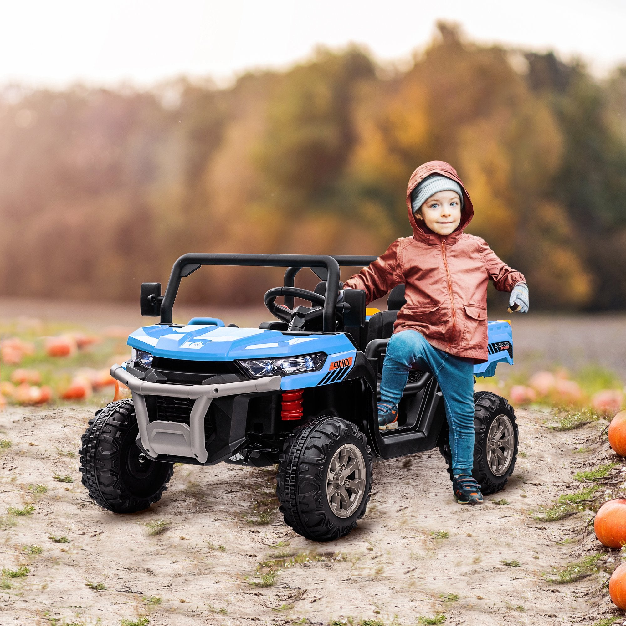 HOMCOM 12V 2 Seater Kids Electric Ride-On Car with Electric Bucket, Remote Control - Blue - North Peak Garden Furniture