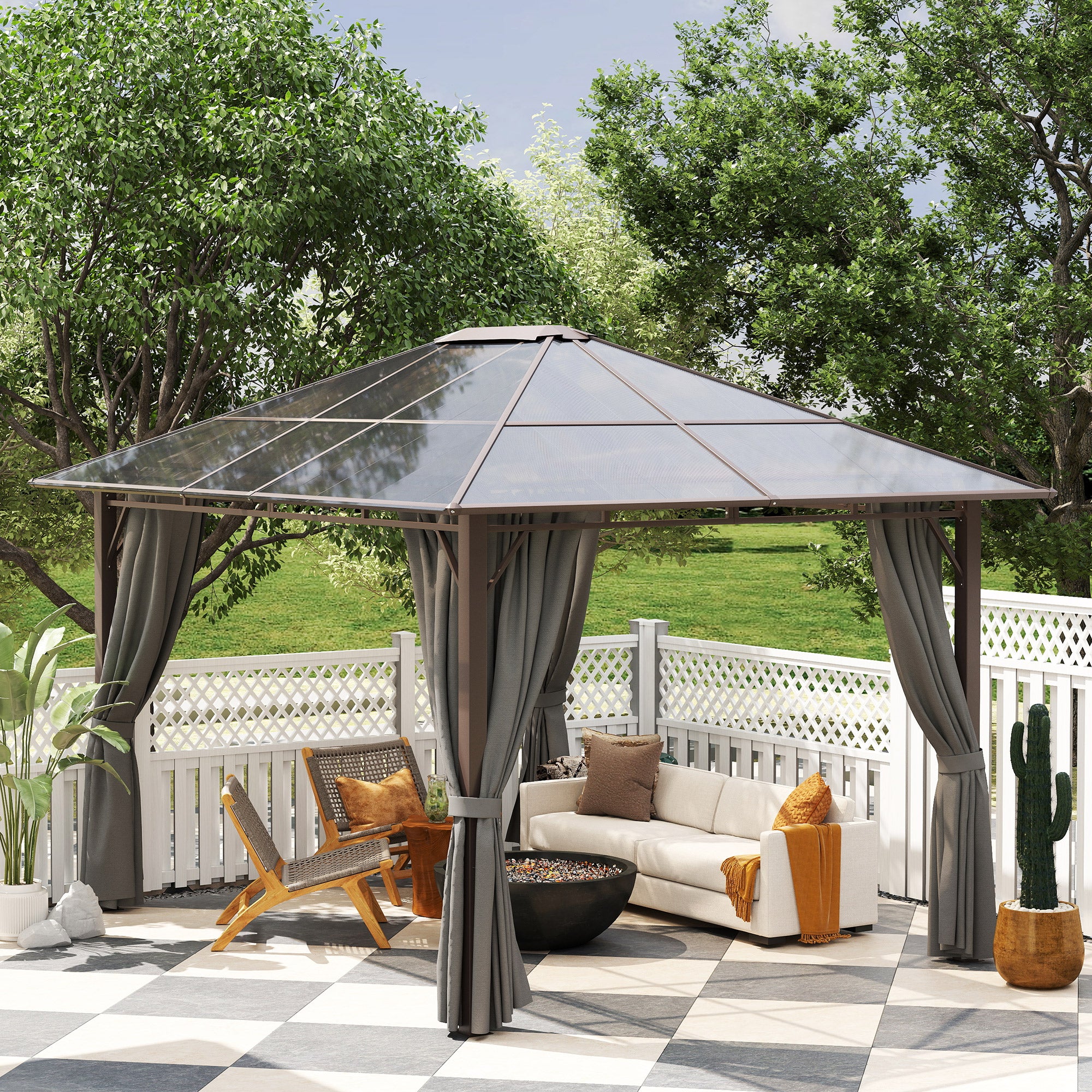 Outsunny 3 x 3.6m Hardtop Gazebo Canopy with Polycarbonate Roof Garden Pavilion with Removable Curtains and Steel Frame, Dark Grey - North Peak Garden Furniture