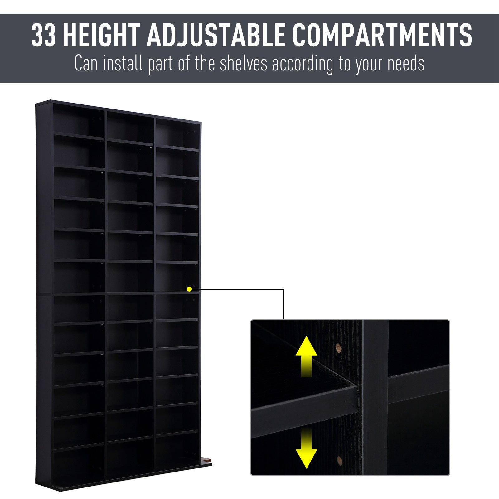 HOMCOM 1116 CD/ 528 DVD Storage Shelf Rack Media Storage Unit Shelves Racks Wooden Display Unit with 10 Adjustable Shelves, Black - North Peak Garden Furniture