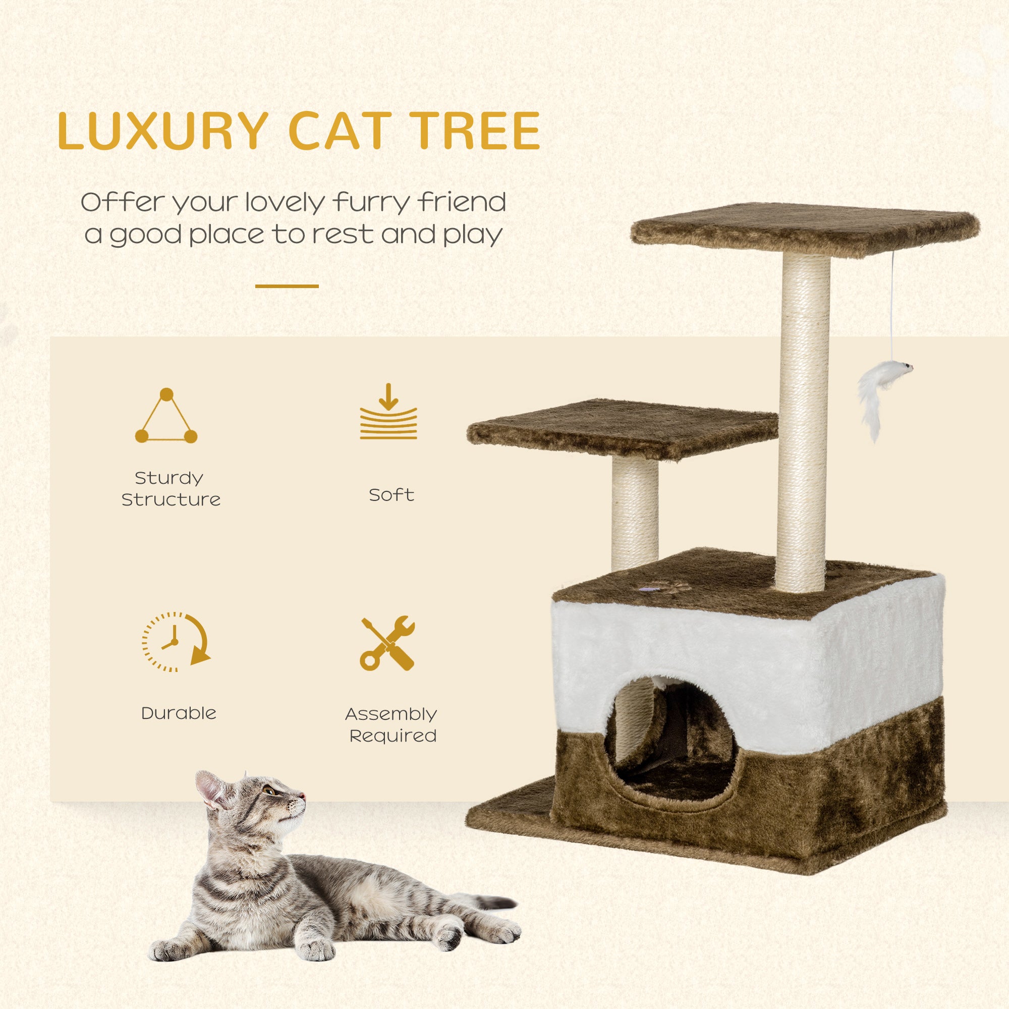 PawHut Cat Tree Tower for Indoor Cats Kitten House Scratching Posts with Condo Perch Interactive Mouse Toy, 45 x 33 x 70 cm, Brown