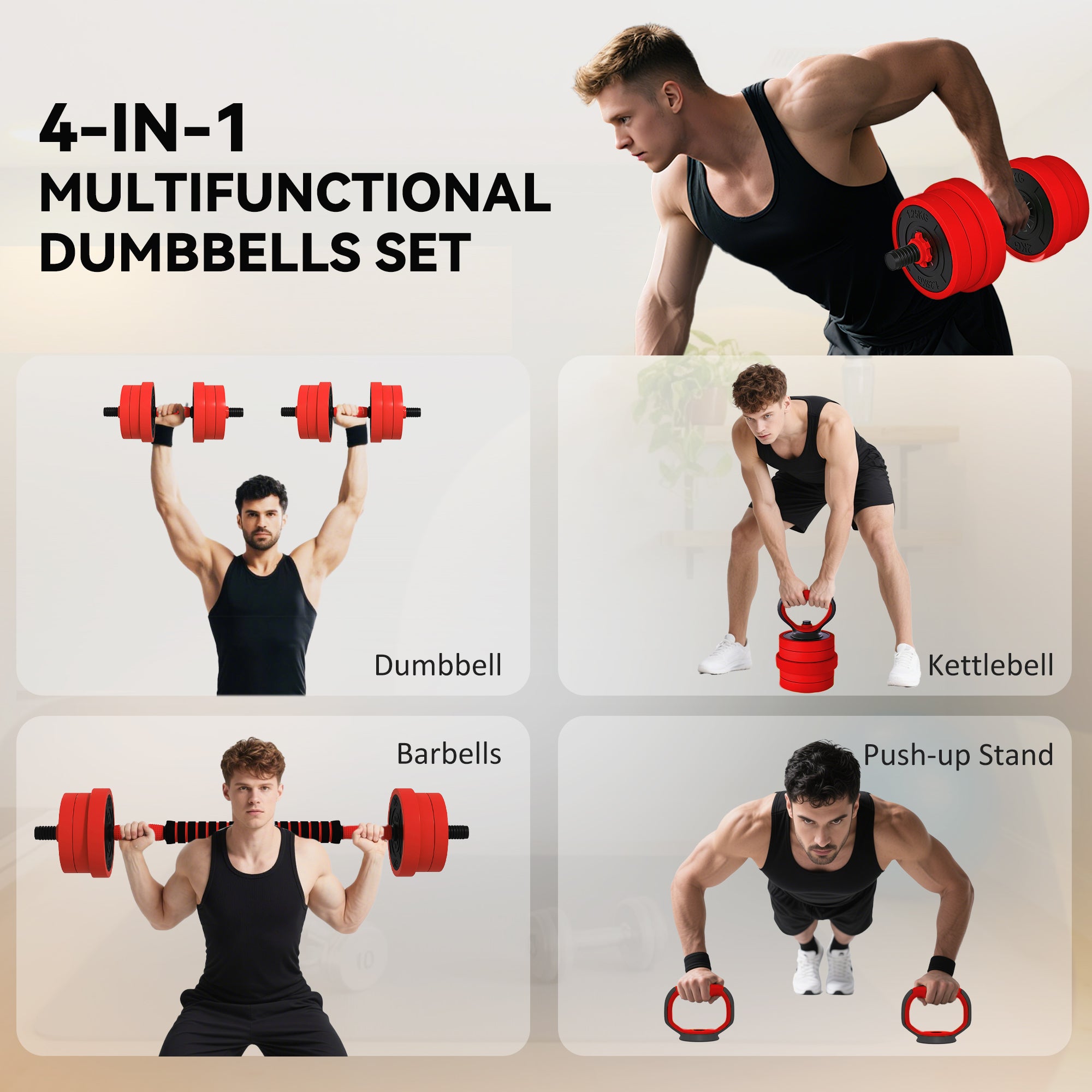 SPORTNOW 20kg Four-In-One Adjustable Weight Dumbbells Set, Barbell, Kettlebell, Push Up Stand - Red