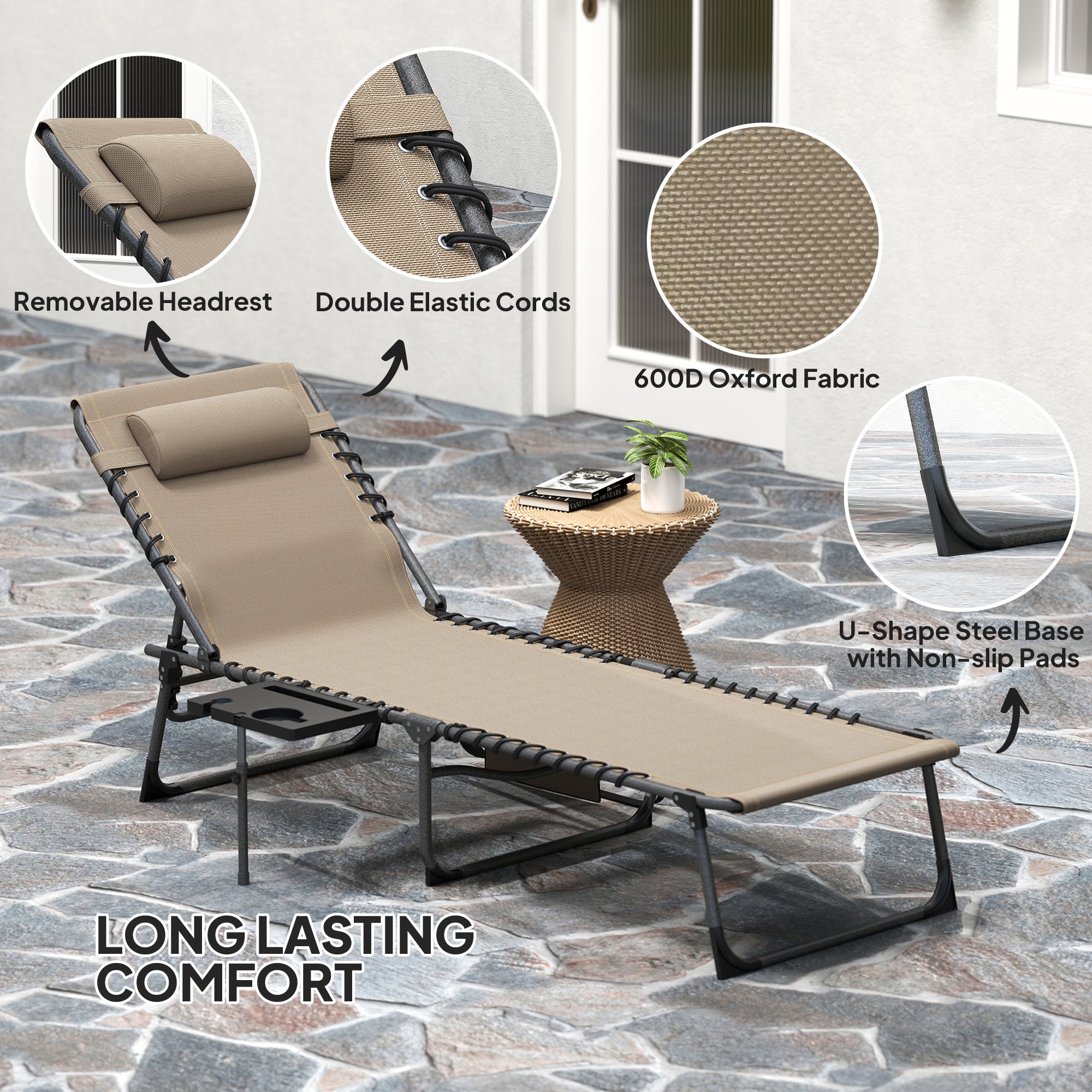 Outsunny Five-Position Reclining Sun Lounger - Beige - North Peak Garden Furniture