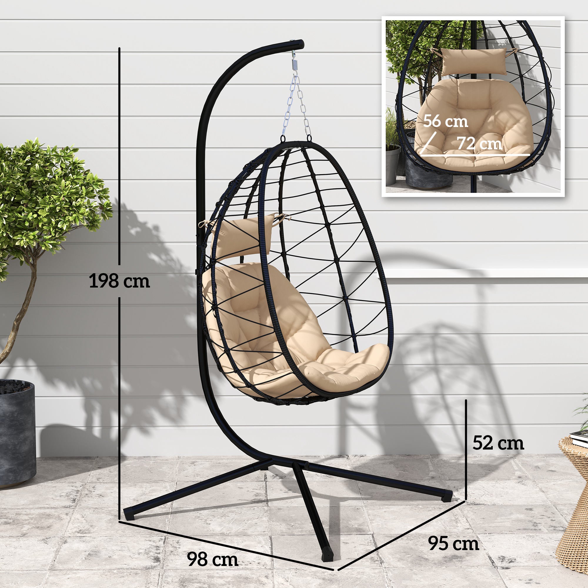 Outsunny Hanging Egg Chair Outdoor Indoor Garden Swing Chair with Folding Basket, Thickened Cushion, Garden Hanging Chair with Stand, Headrest for Patio, Balcony, Khaki - North Peak Garden Furniture