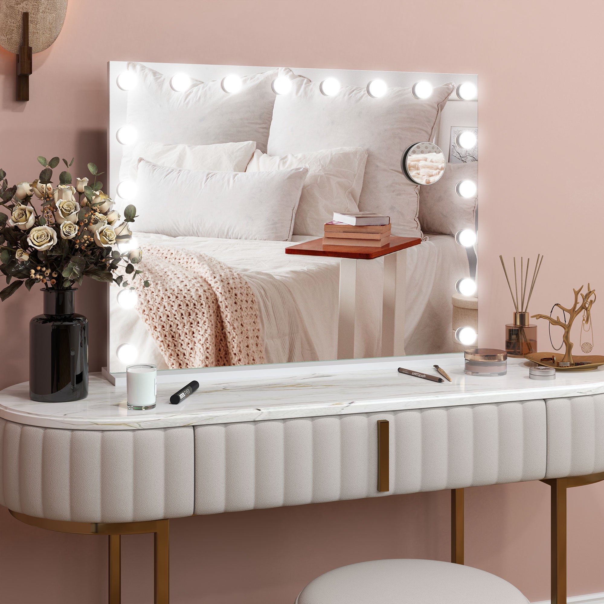 HOMCOM Hollywood Vanity Mirror with Lights, Large 80x62 cm Lighted Makeup Mirror with 3 Colour, 18 LED Bulbs, 10X Magnifying, USB Charging Port, Touch Screen, Tabletop or Wall Mounted Design, White - North Peak Garden Furniture