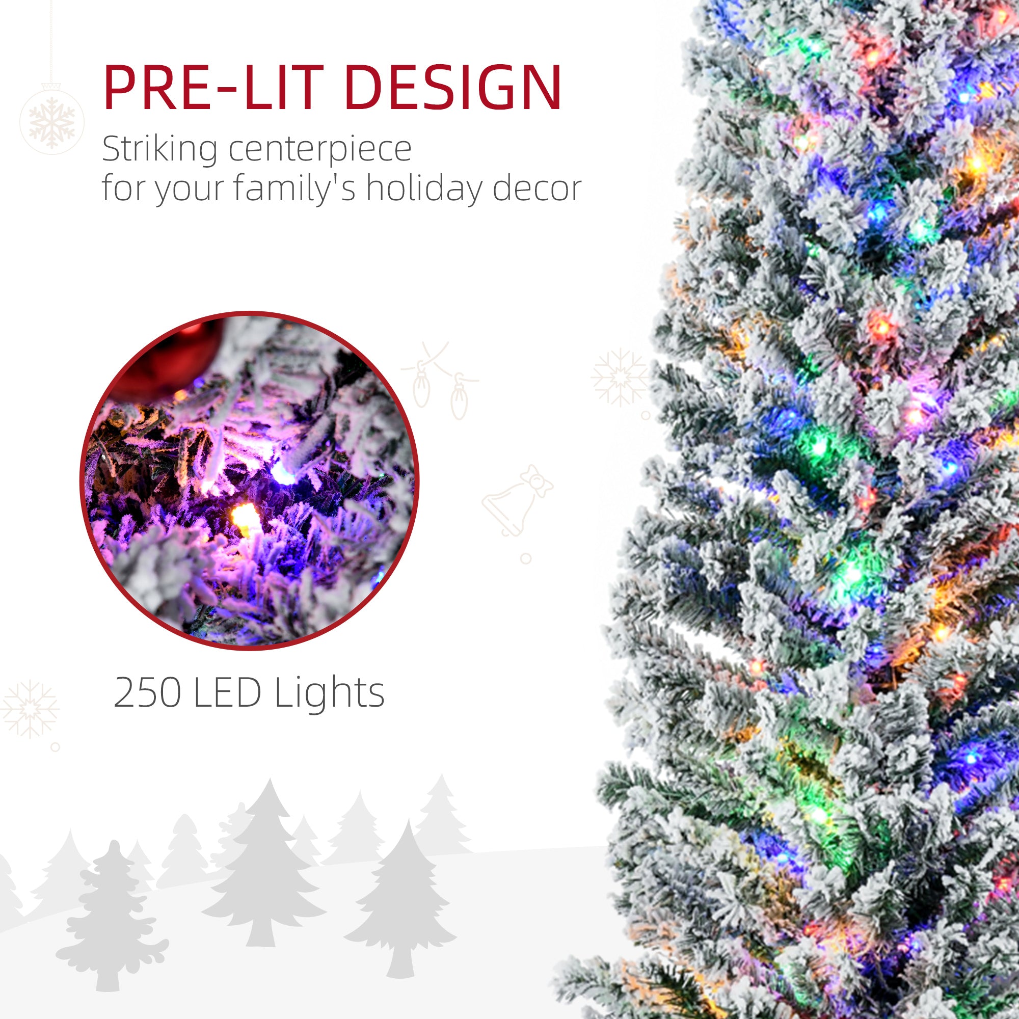 HOMCOM 7.5' Artificial Prelit Christmas Trees Holiday Décor with Colourful LED Lights, Flocked Tips, Berry, Pine Cone - North Peak Garden Furniture