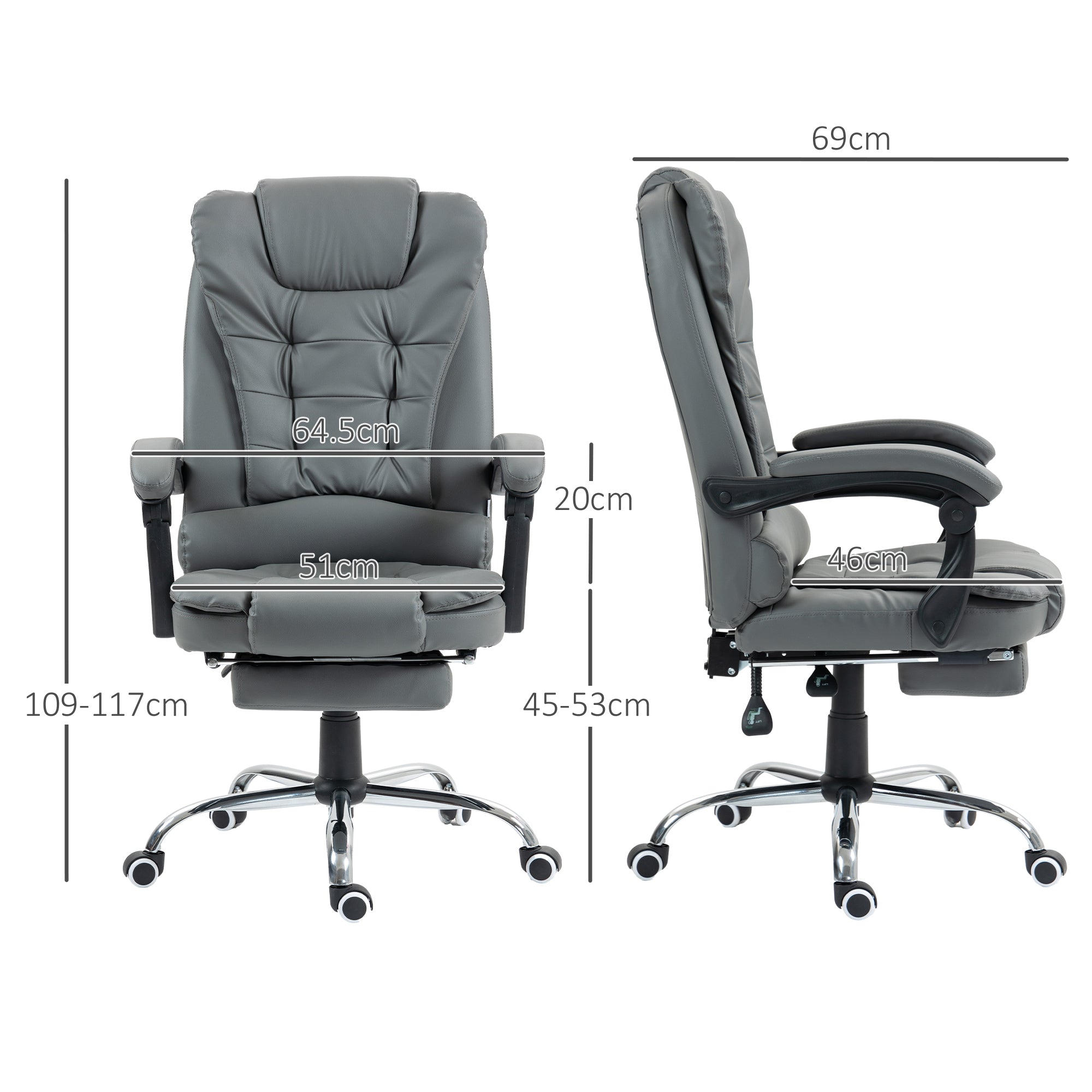 HOMCOM Executive Office Chair, PU Leather Home Office Chair with Swivel Wheels, Reclining Backrest, Retractable Footrest, Grey