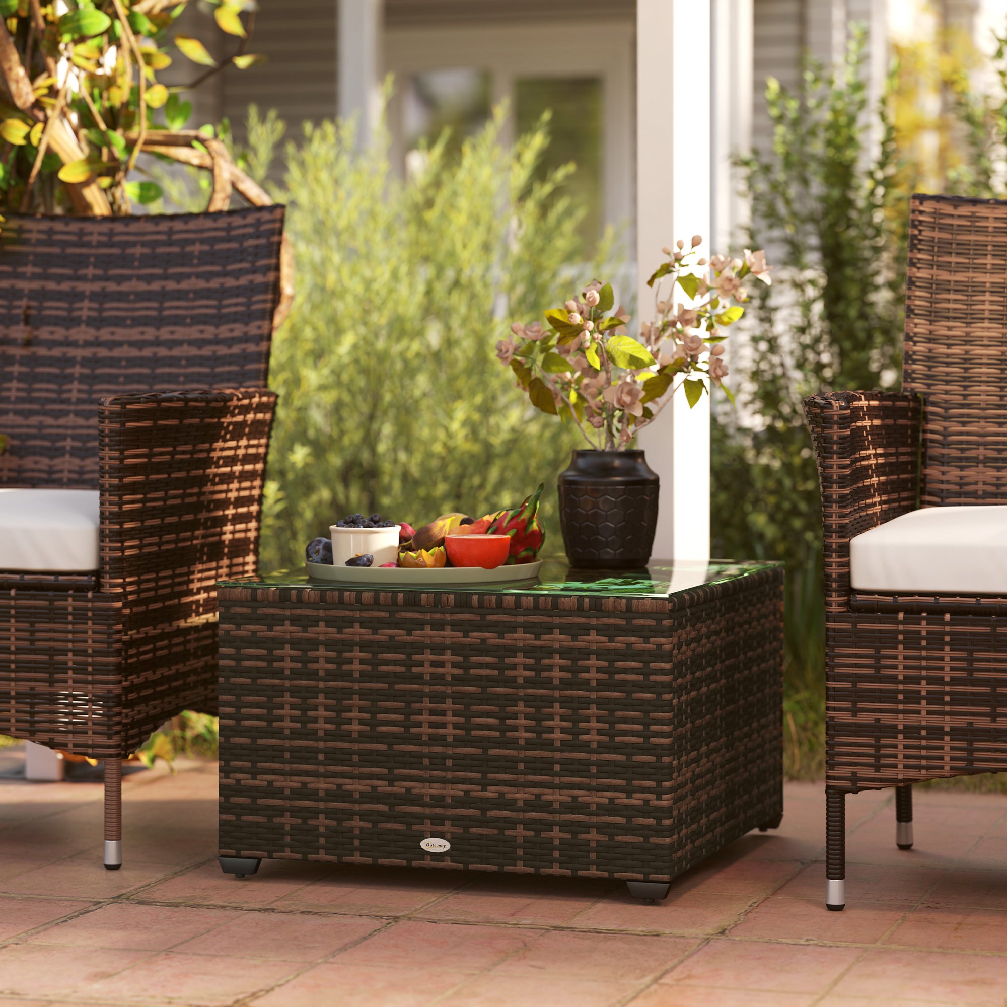 Outsunny 62 x 62cm Glass-Top Rattan Side Table - Brown - North Peak Garden Furniture