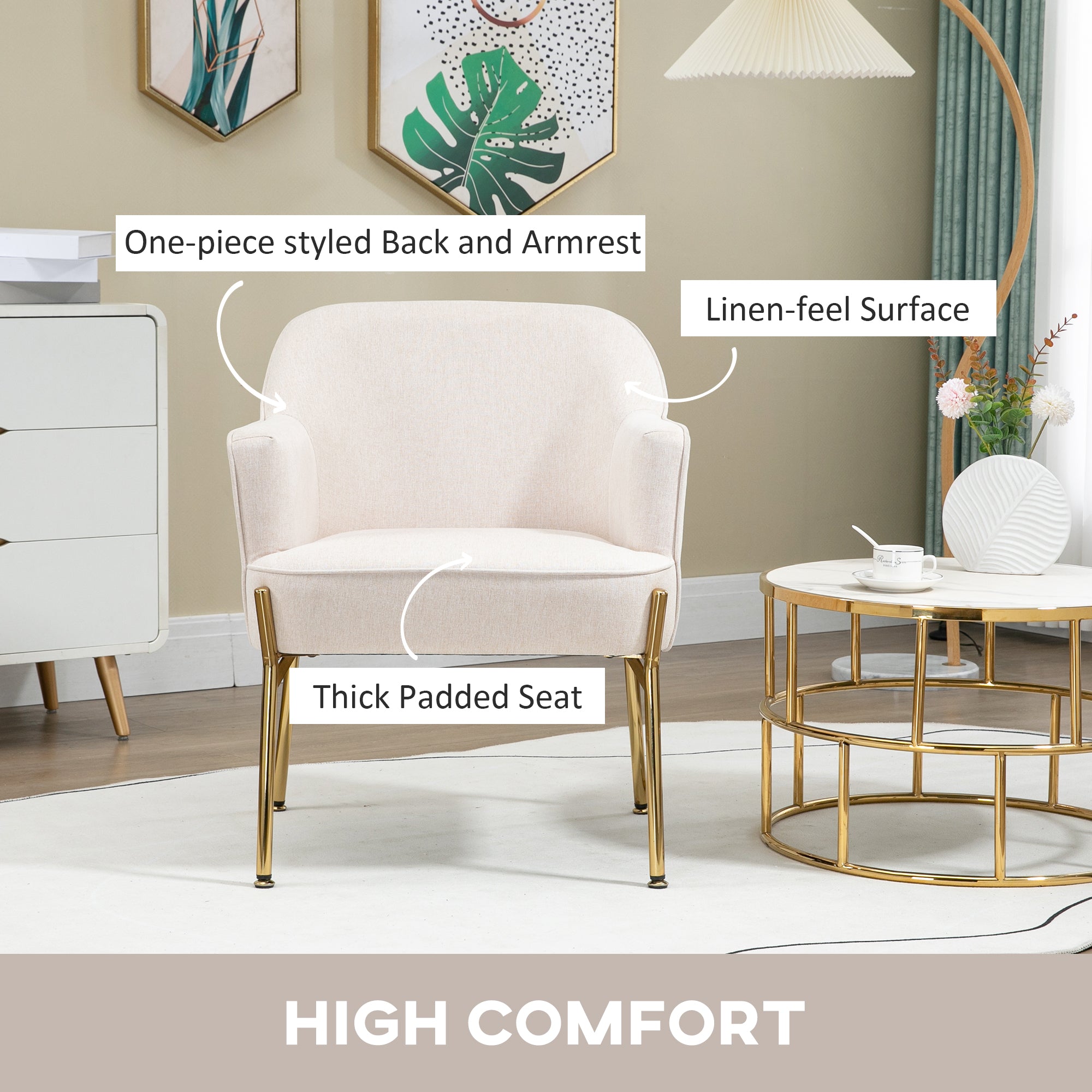 HOMCOM Fabric Accent Chair, Modern Armchair with Metal Legs for Living Room, Bedroom, Home Office, Cream - North Peak Garden Furniture