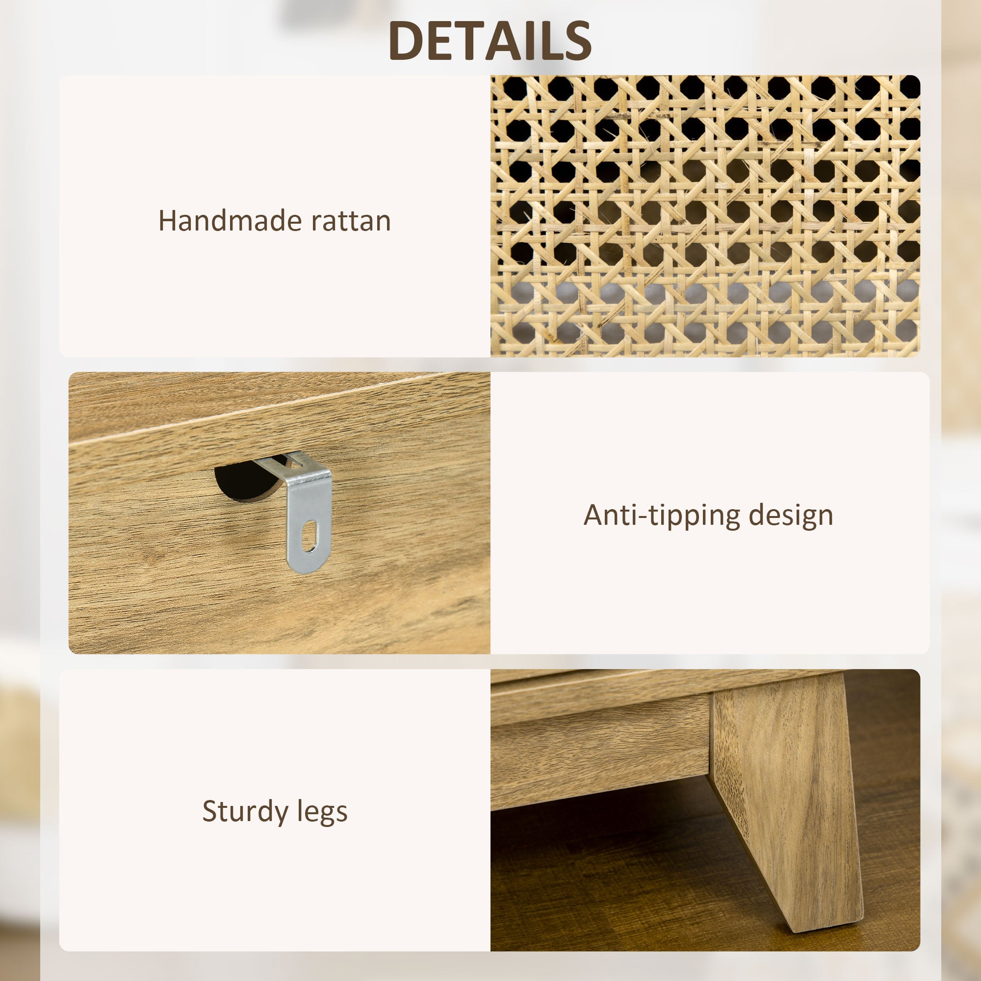 HOMCOM Bedside Table with Rattan Element, Side End Table with Shelf and Cupboard, 39cmx35cmx60cm, Natural - North Peak Garden Furniture