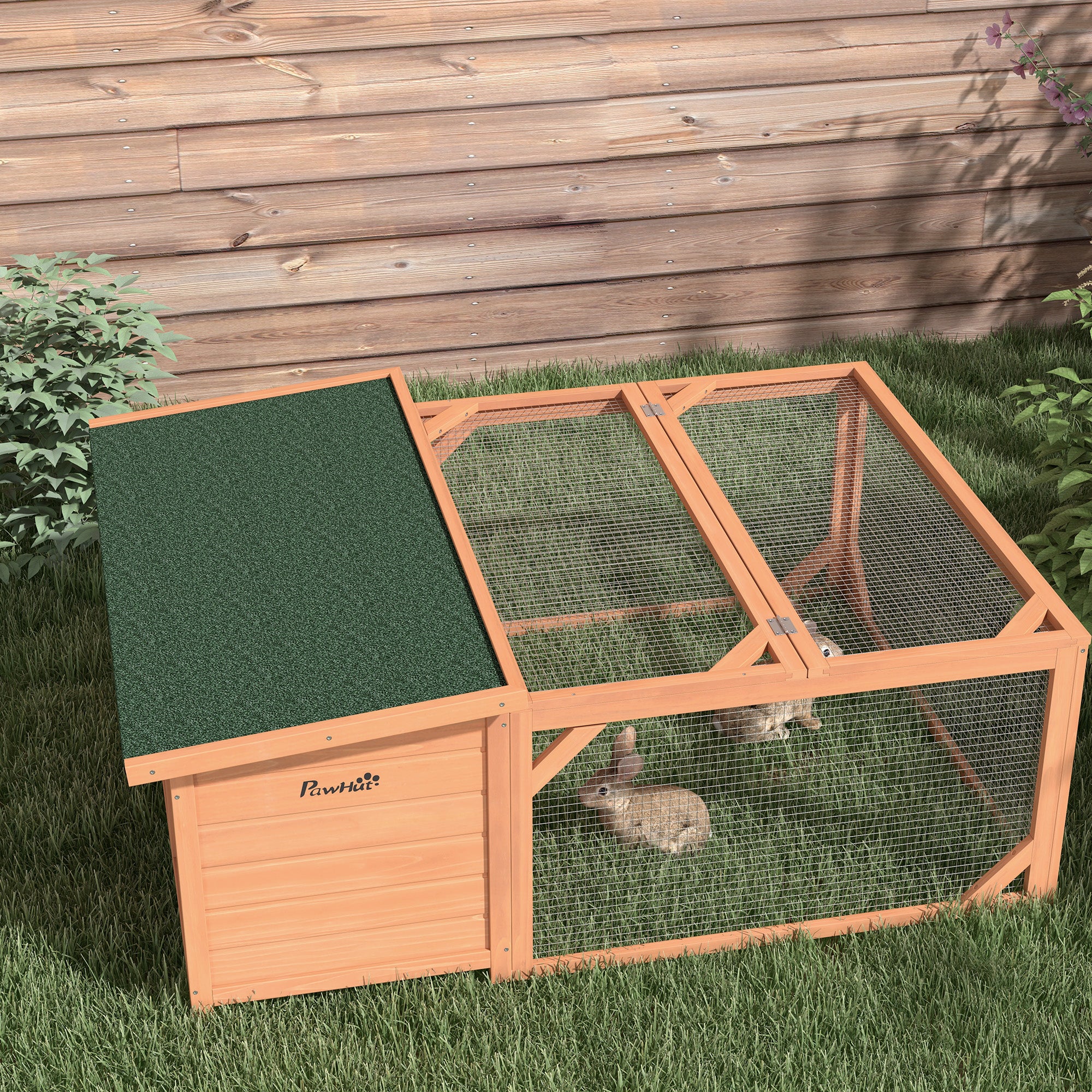 PawHut Rabbit Hutch Outdoor Guinea Pig Hutch with Run Small Animal Off-ground Duck House Hideaway Backyard with Openable Roof 125.5 x 100 x 49cm Orange