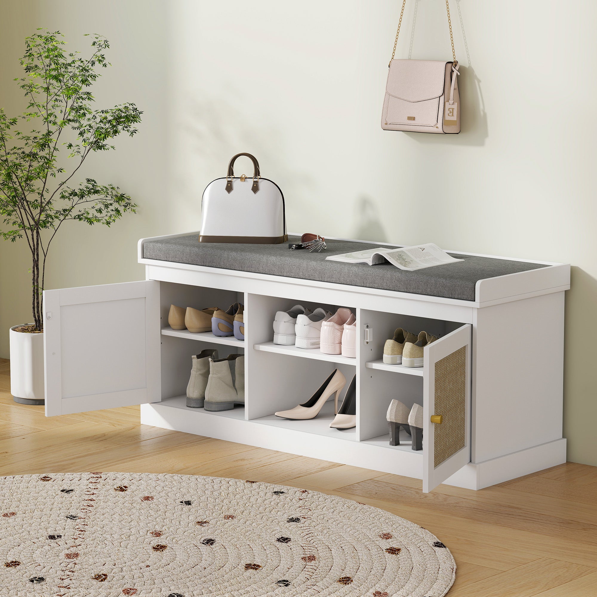 HOMCOM Boho Shoe Storage Bench with Padded Cushion and Rattan Doors - White
