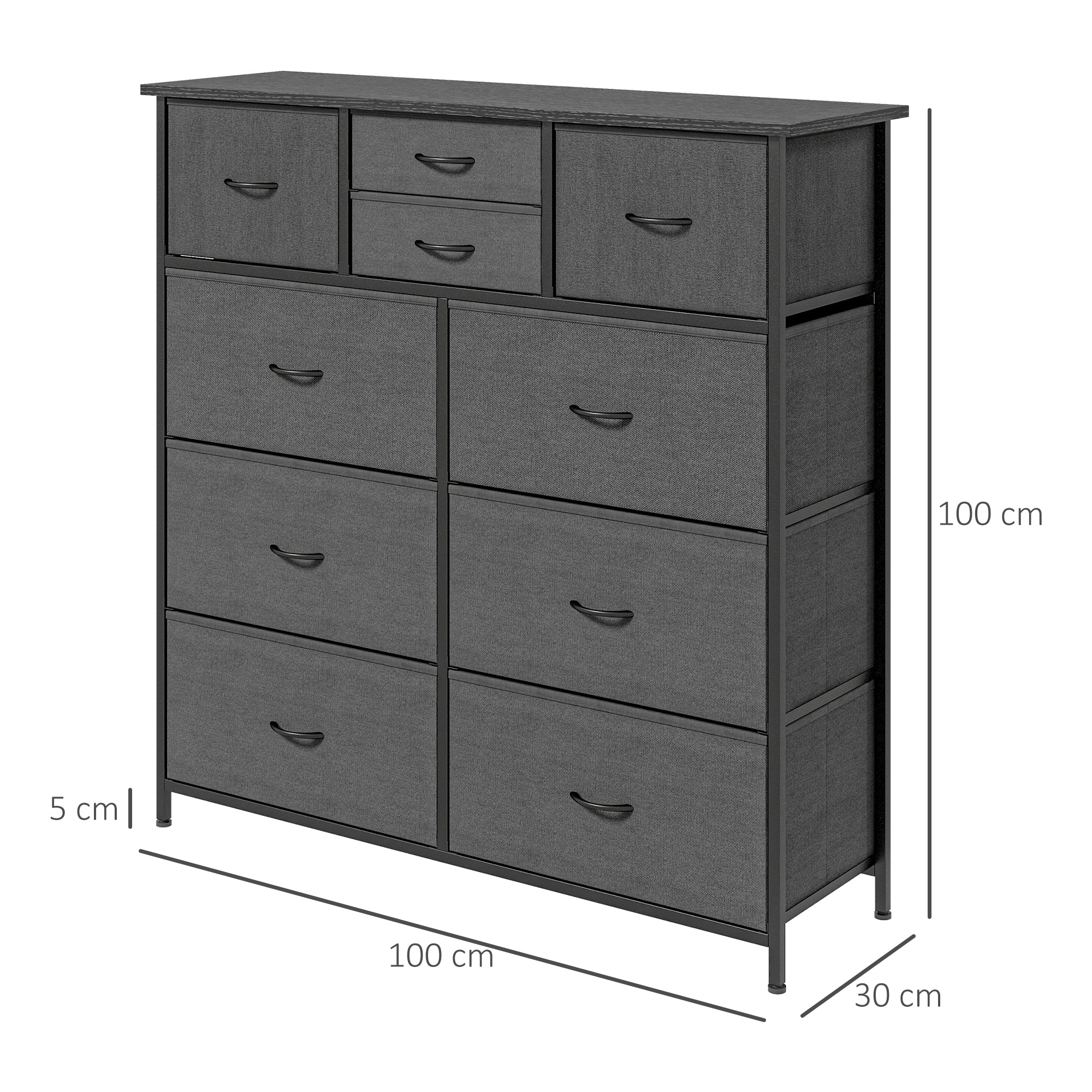 HOMCOM Bedroom Chest of Drawers, 10 Drawer Dresser with Foldable Fabric Drawers and Steel Frame, Black