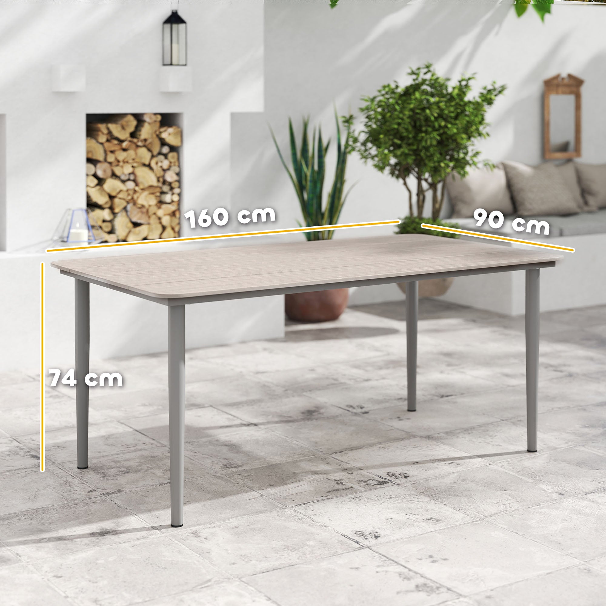 Outsunny Garden Table, Outdoor Dining Table for 6 People, 160 x 90 x 74 cm, with Rust Resistant Metal Frame, WPC Top, for Balcony, Terrace, Light Grey - North Peak Garden Furniture
