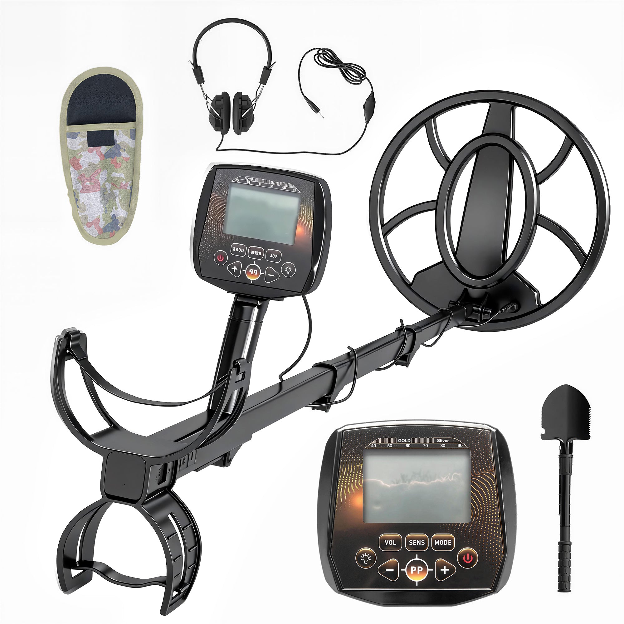 Outsunny Metal Detector for Adults, IP68 Waterproof Search Coil with LCD Display, 5 Modes Gold Detector with Carry Bag, Shovel